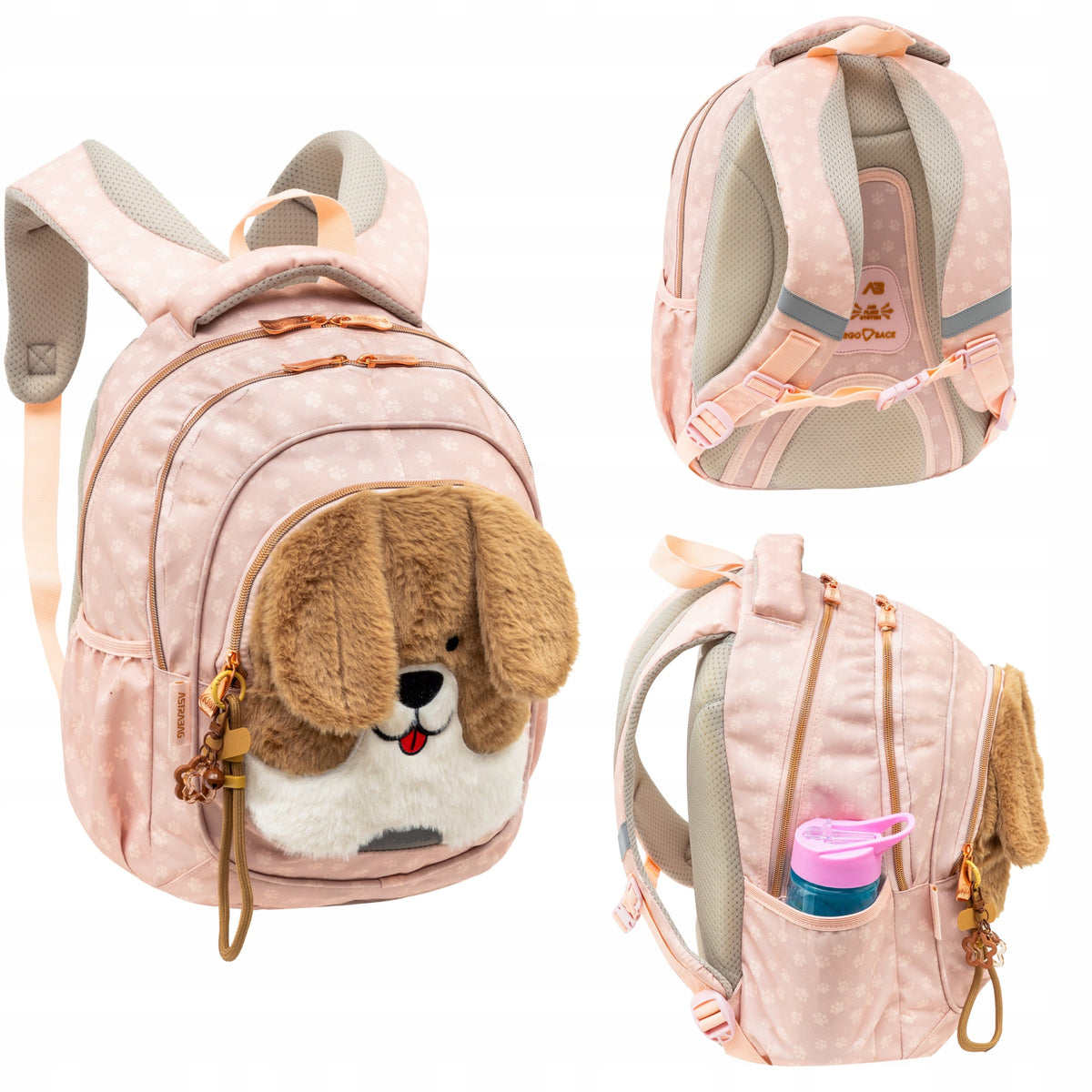 Backpack satchel 3 school compartments,Puppy AstraBag with plush dog
