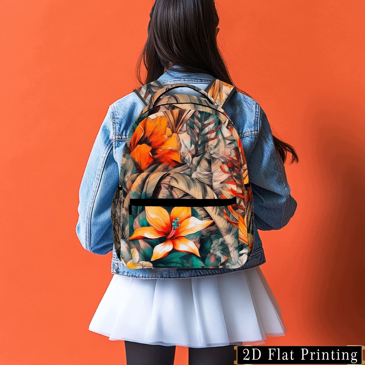 Backpack with 2D Orange Print, Student Bag, Zipper Closure, Hand Washable, Laptop Bag