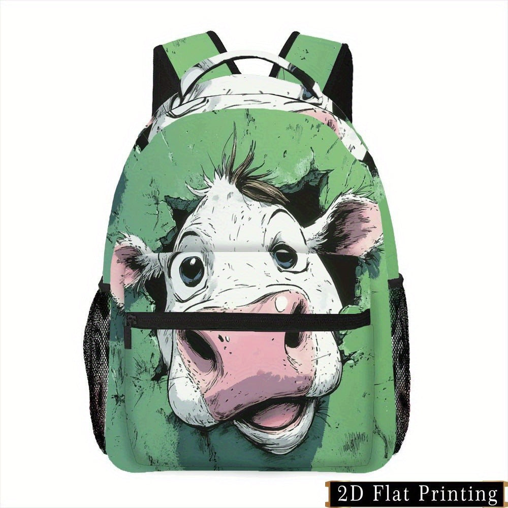 Backpack with Cartoon Cow Head Print, Washable, Multi-Purpose Bag