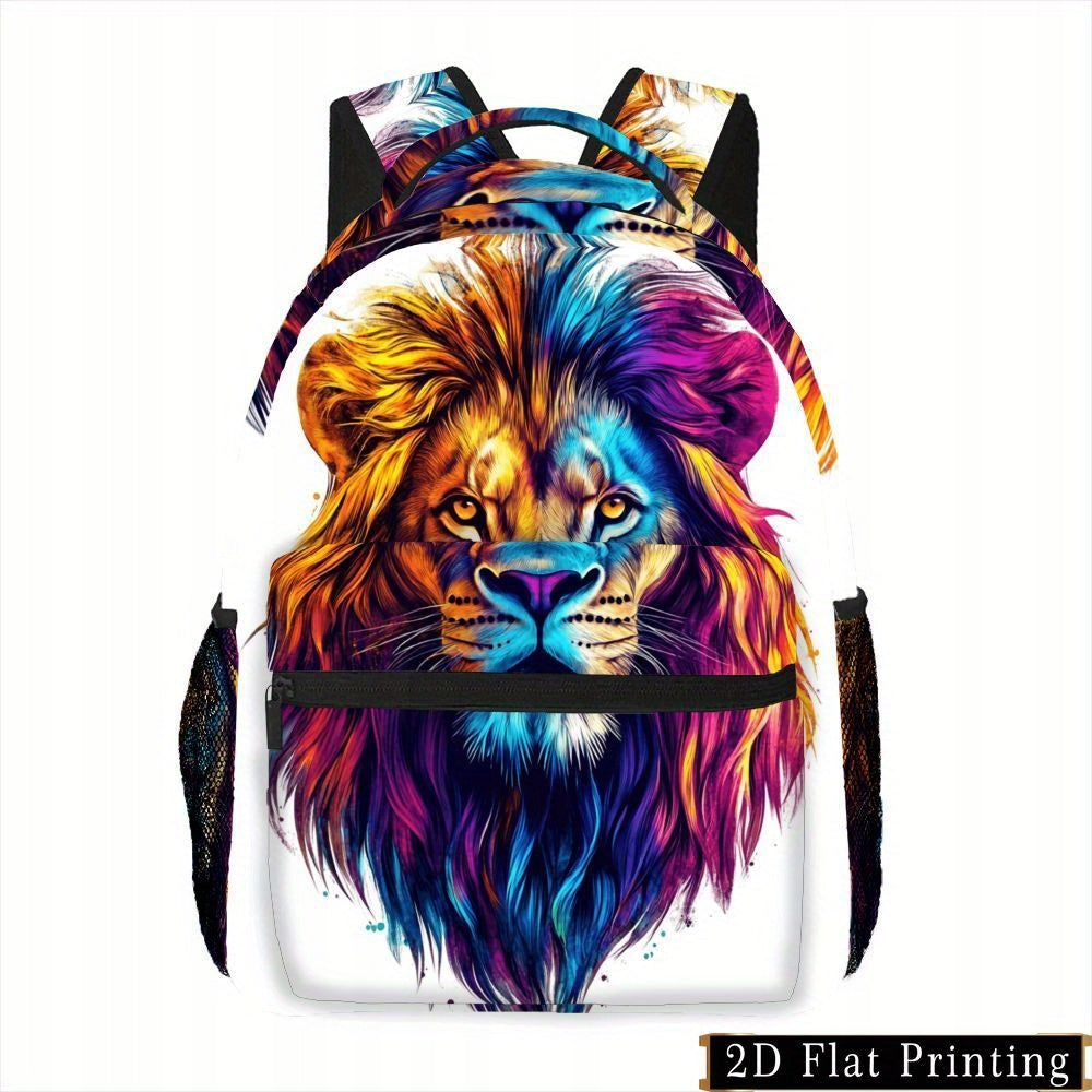 Backpack with Lion Print, Adjustable Strap, Multiple Compartments, Elastic Pocket