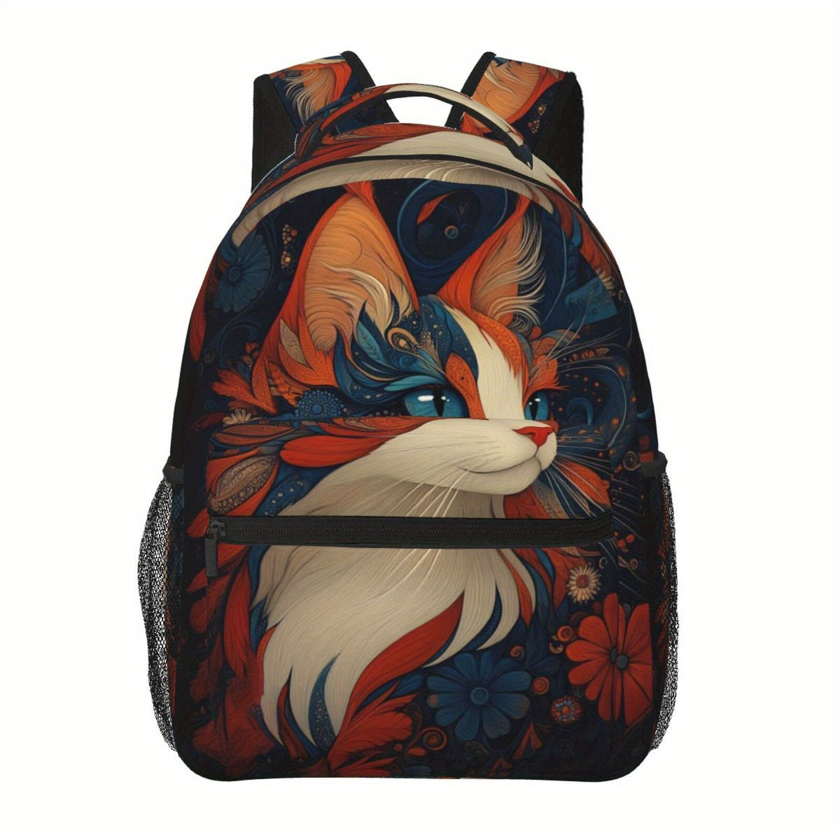 Backpack with Psychedelic Cat Print, Lightweight Polyester, Padded Laptop Compartment