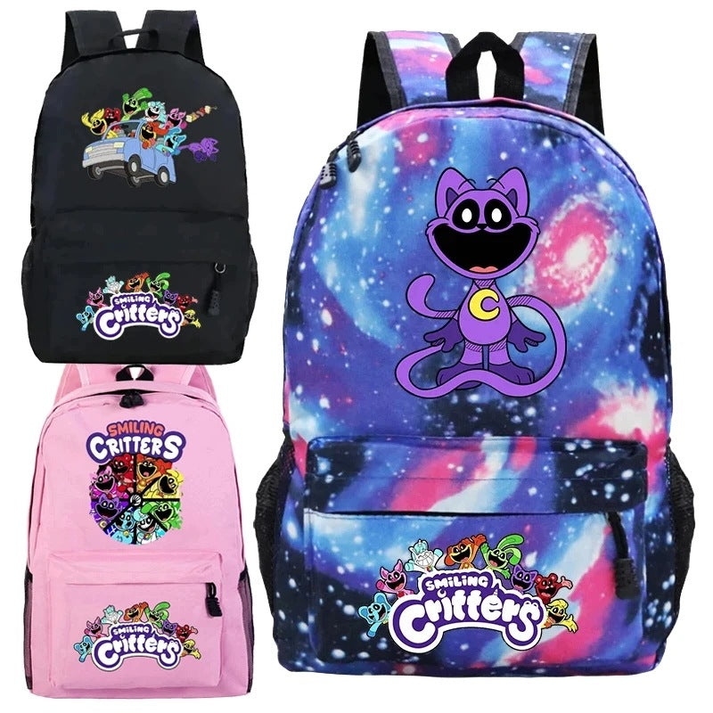 Backpack with smiling creature, cartoon, anime, manga, student backpack,