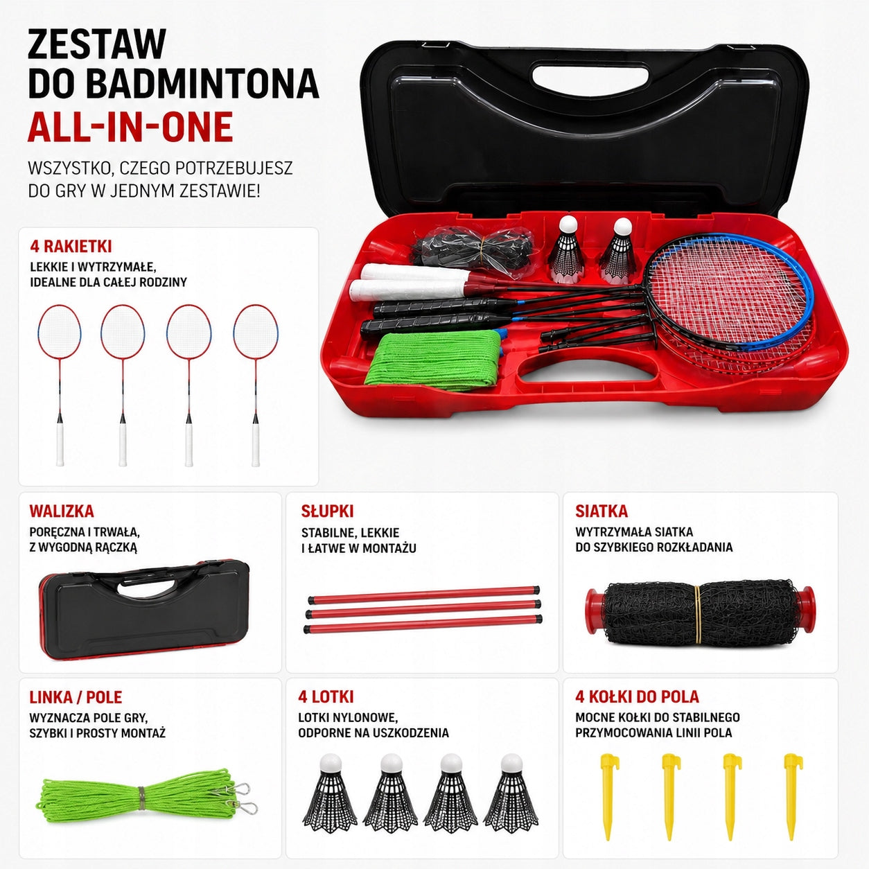 Badminton Set for 4 People Suitcase, Net, 4 Rackets, Field, Darts Packaging status original