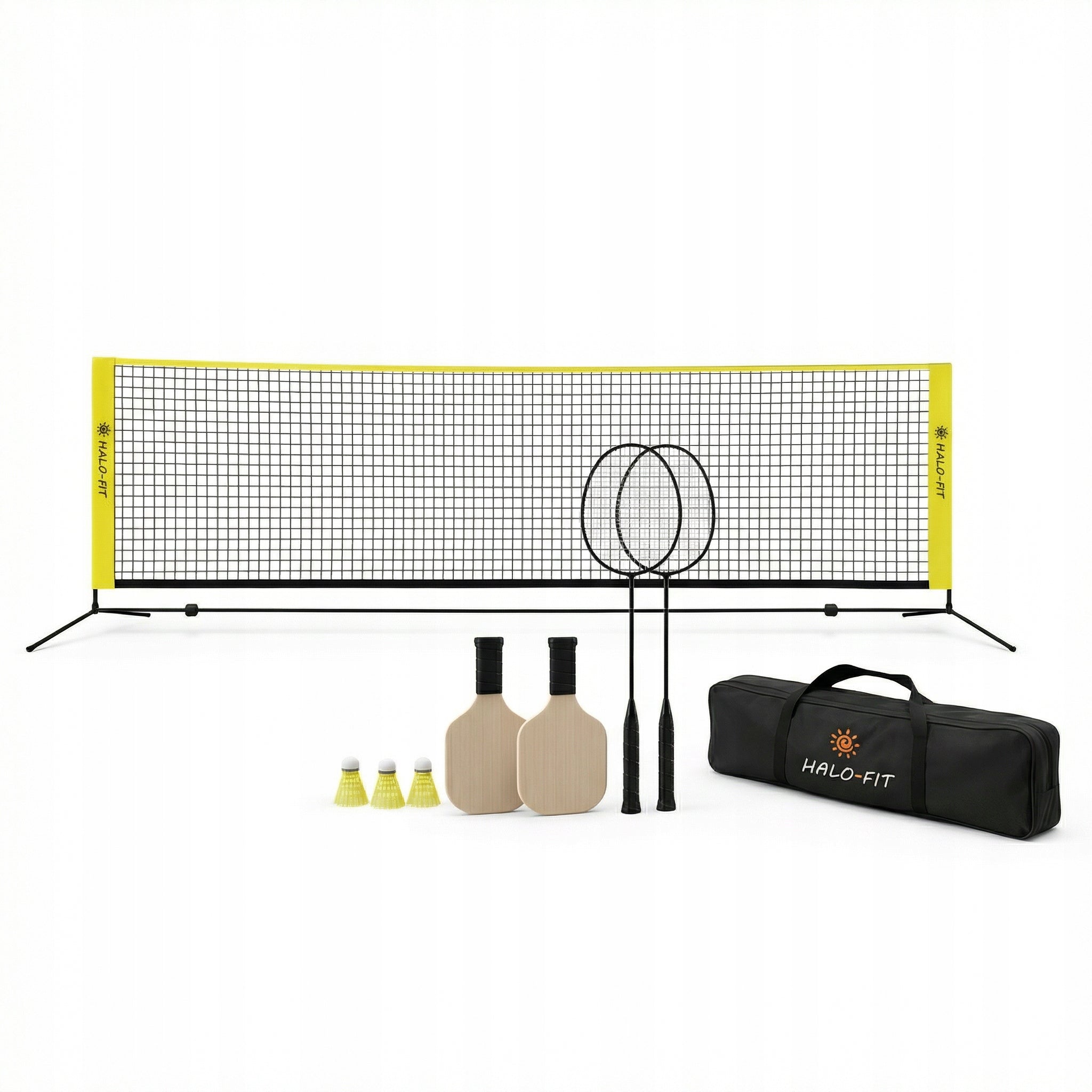 Badminton and pickleball net set, 4 rackets, shuttlecocks and balls