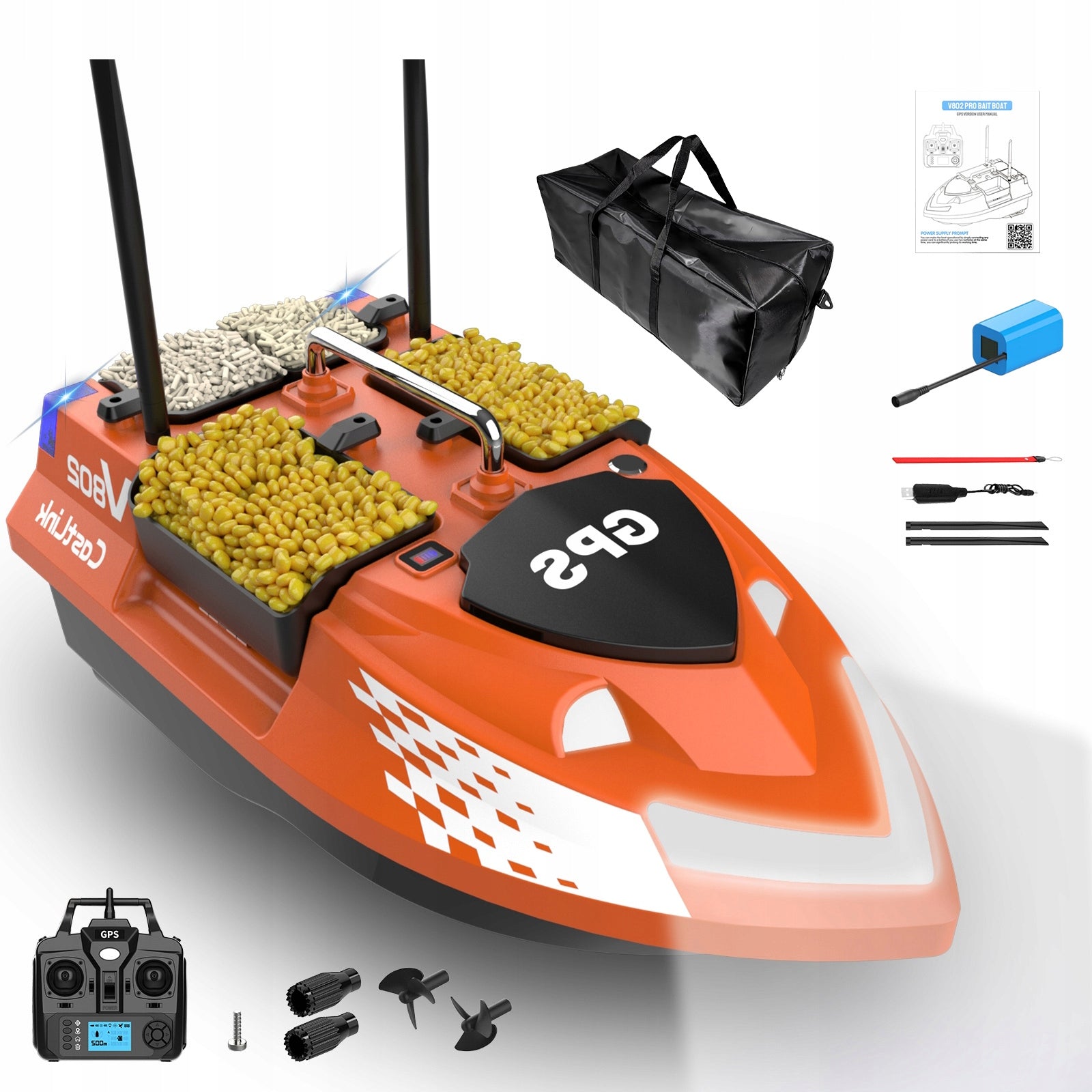 Bait boat Lokeevan V802 Pro GPS 4 tanks 160 points 500m orange +HandBag