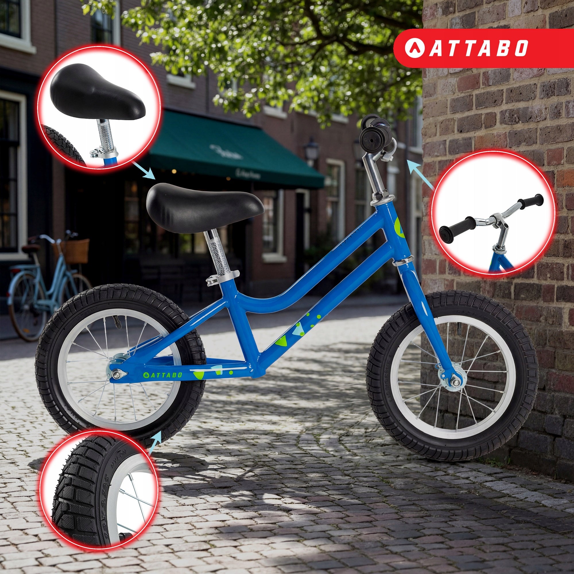 Balance bike ATTABO Ace 12" blue light Pneumatic tires adjustment Brand Attabo