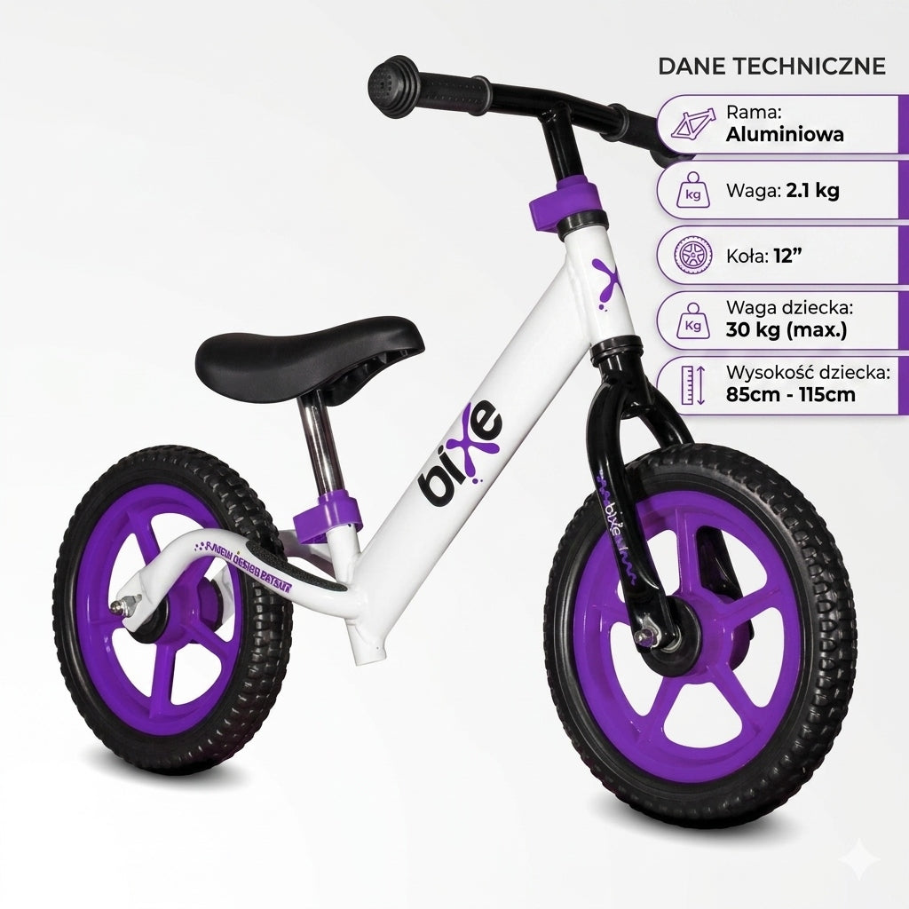 Balance bike BIXE 12" ultralight 2kg Aluminium 2-5 years + Korbo pads Color white purple