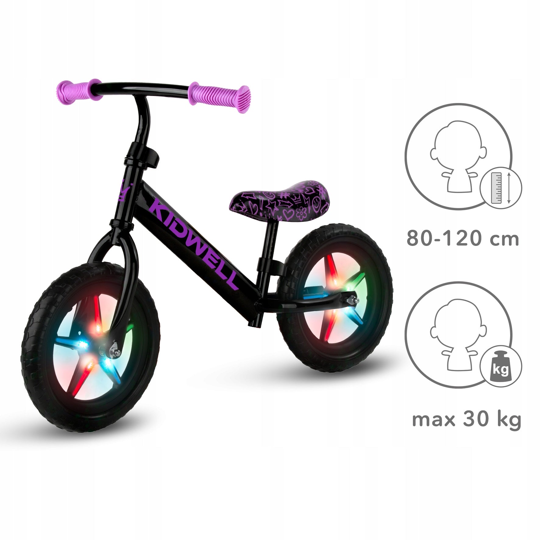 Balance bike Kidwell Rebel LED 12" NEON PINK black, pink Height 80–120 cm
