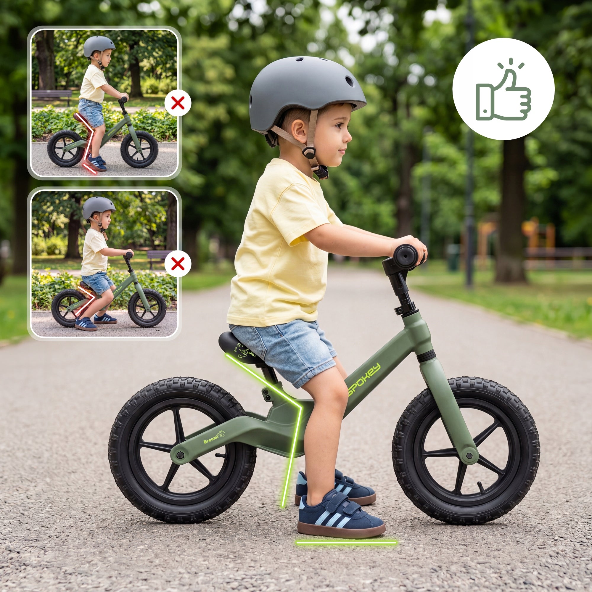 Balance bike for 3 year old adjustable pumped wheels Spokey BROOMIE Color black green