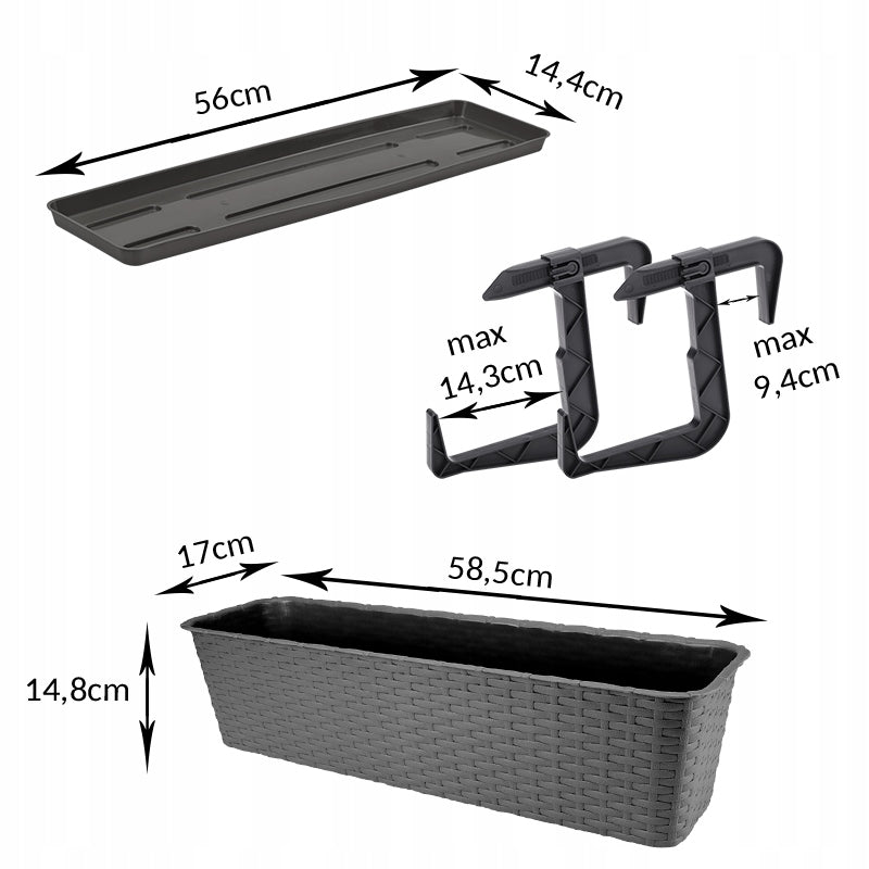 Balcony Box RATTAN 60 cm Flower Pot with Handle and Stand Graphite Packaging status original