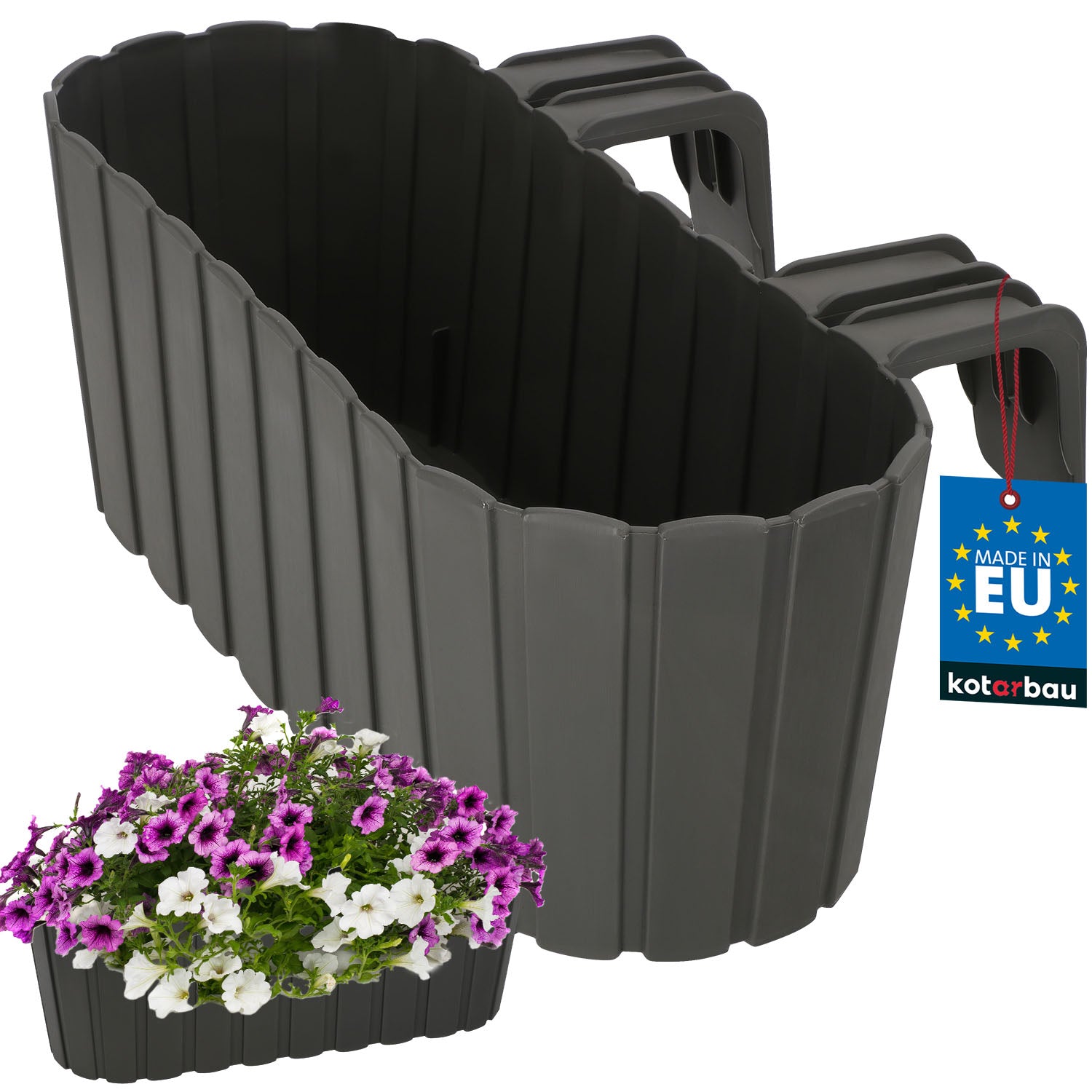 Balcony flower pot 40 cm slats box with railing holders grey