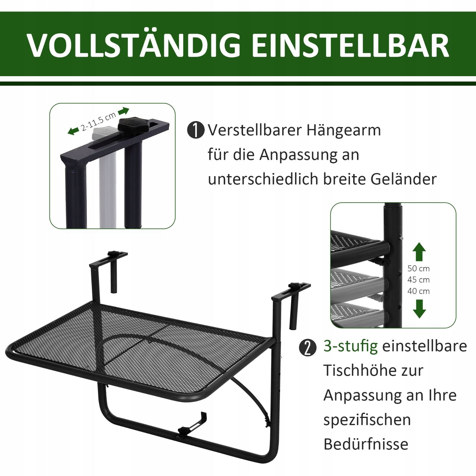 Balcony hanging table adjustable metal black 60x565x45cm EAN (GTIN) 3393712303949