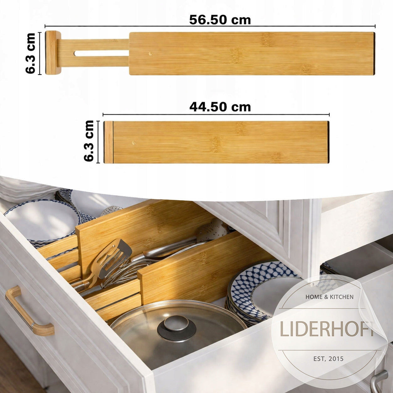 Bamboo Drawer Organizer Adjustable Compartment Separator 1 Pack Packaging status original