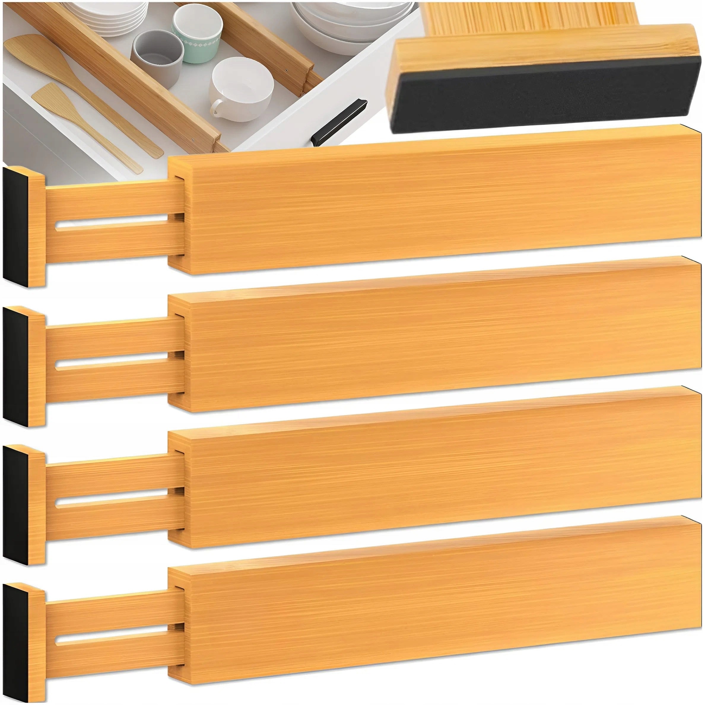 Bamboo Drawer Organizer Adjustable Set of 4 Compartments Brand MEMFLOW