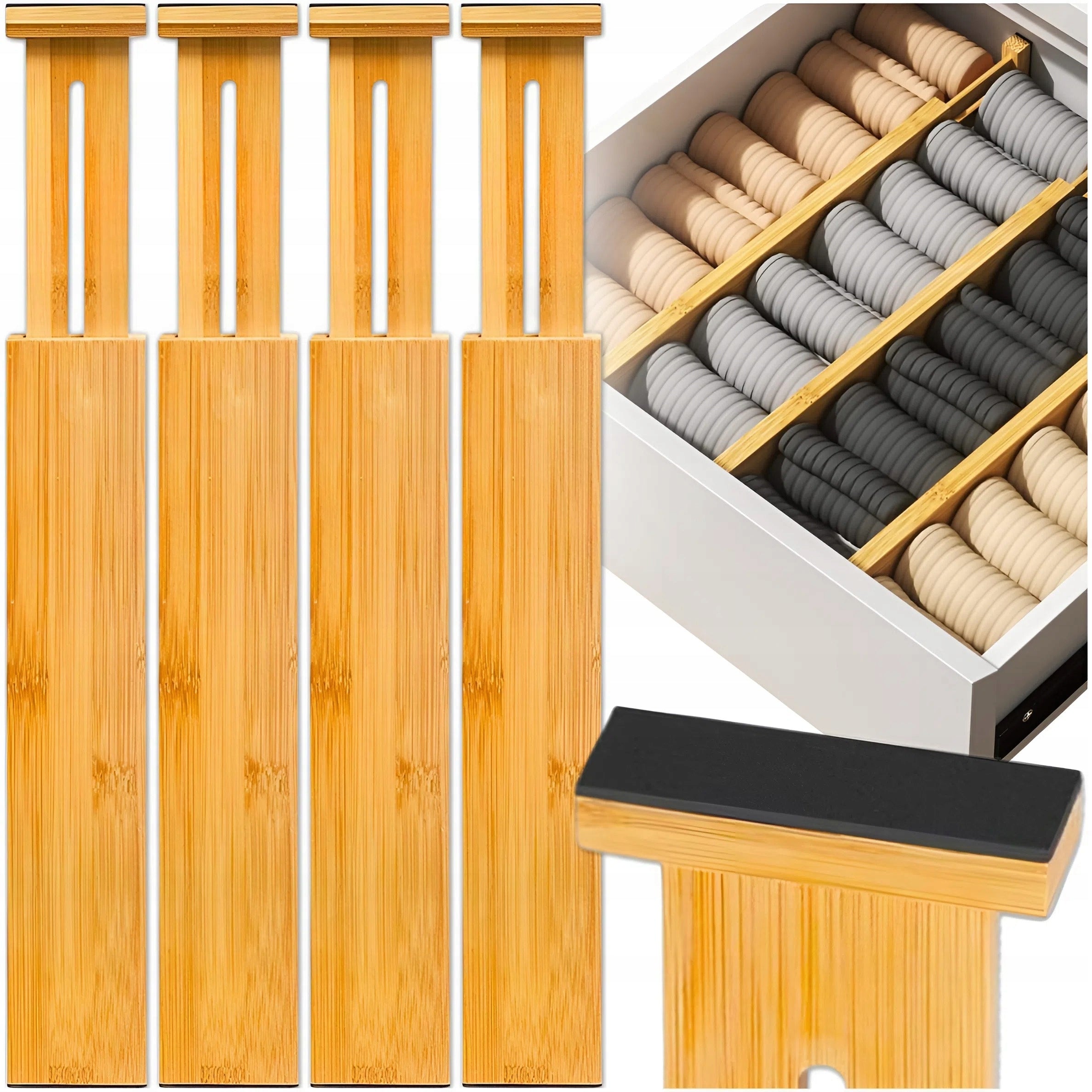 Bamboo Drawer Organizer Adjustable Set of 4 Compartments Manufacturer code Organizer do szuflad kuchennych przegrody
