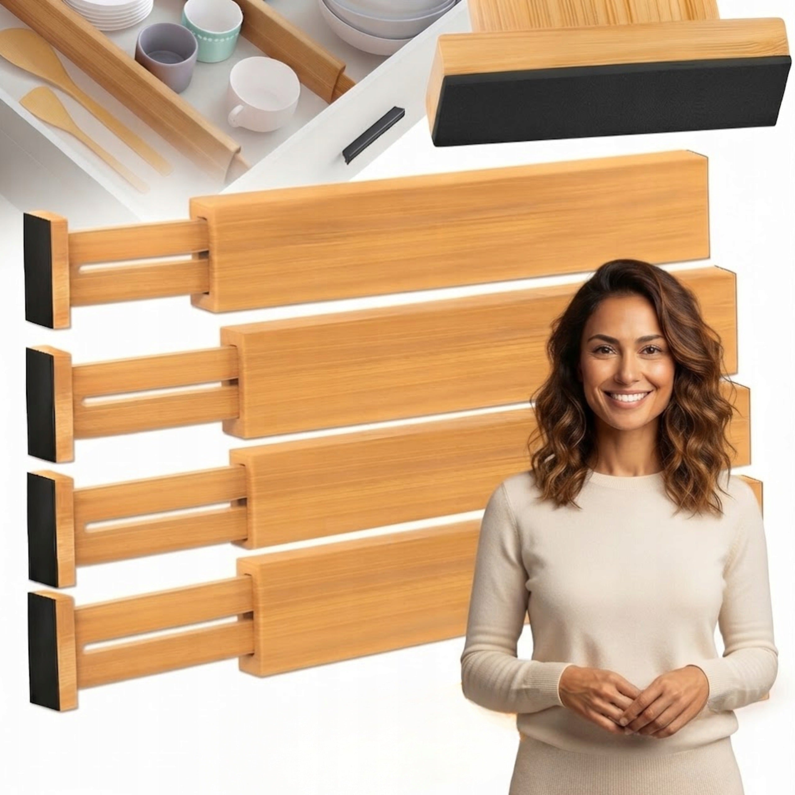 Bamboo Drawer Organizer Adjustable Set of 4 Compartments