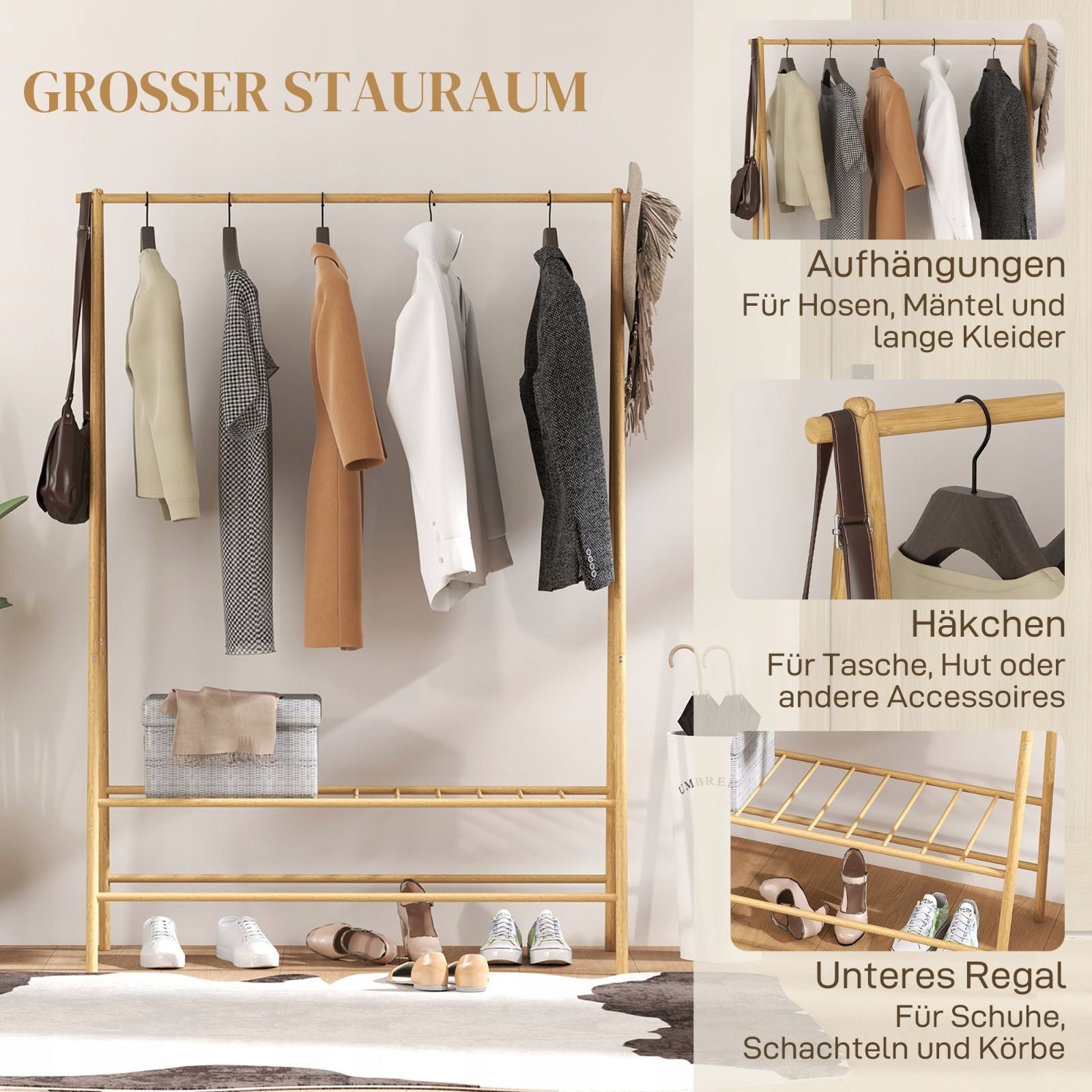 Bamboo clothes hanger with shelves 116x43x160 cm natural Product weight with unit packaging 5 kg