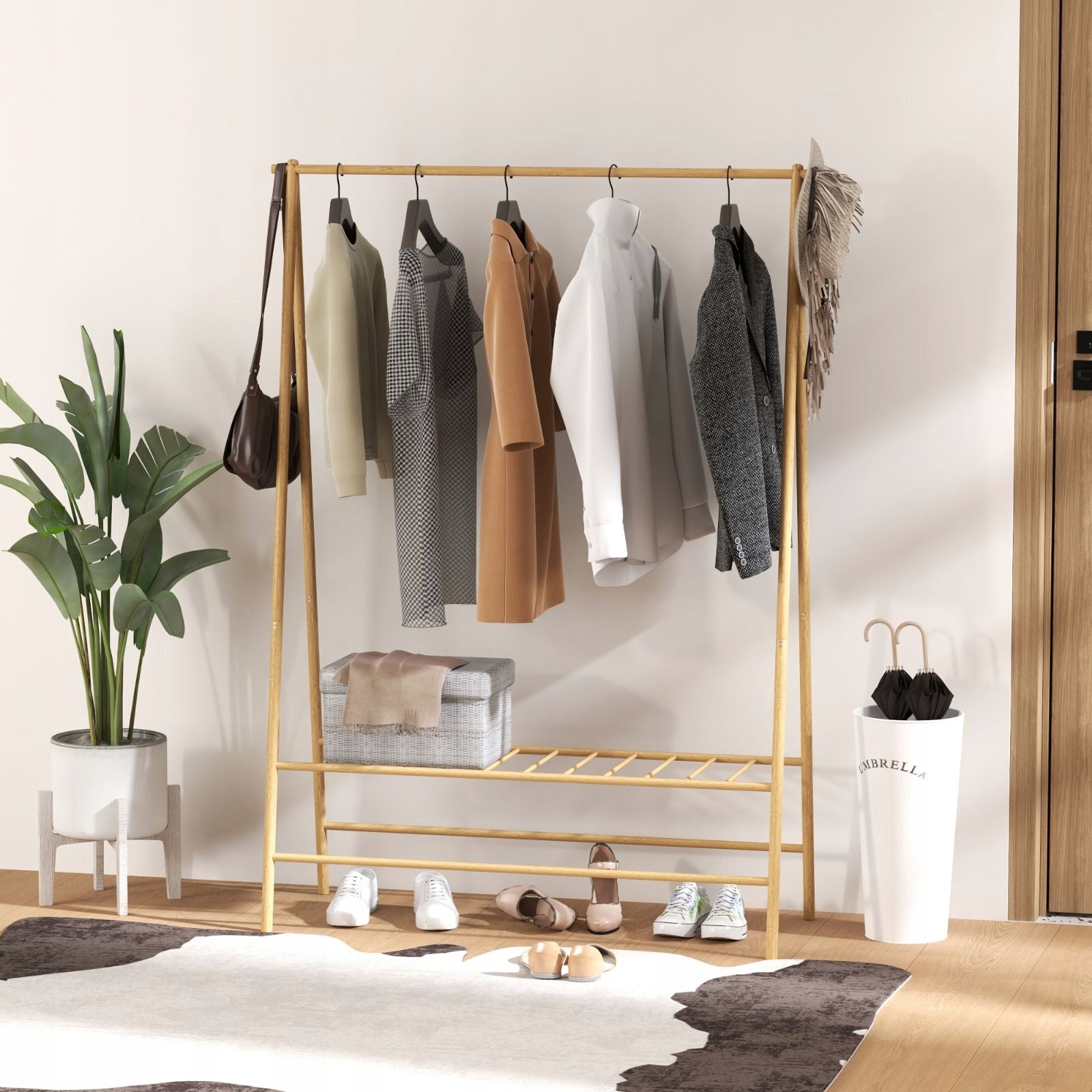 Bamboo clothes hanger with shelves 116x43x160 cm natural Unfolded width 1 cm