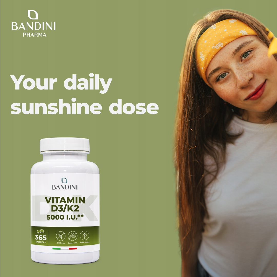 Bandini Vitamin D3 K2 | 365 Tablets 5000 IU Vitamin D3 + 100 mcg Vitamin K2 EAN (GTIN) 8033162422481