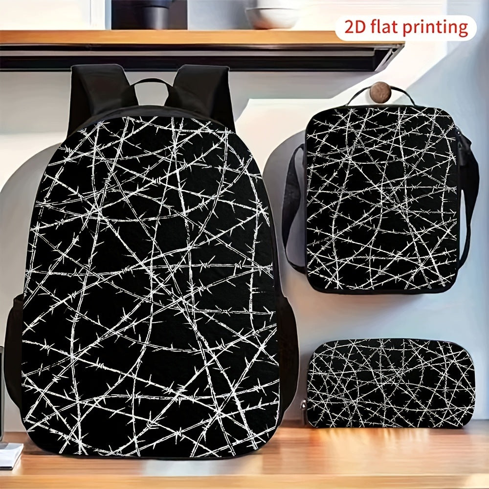 Barbed Wire Print 3-Piece Backpack Set with Crossbody Bag and Storage Pouch
