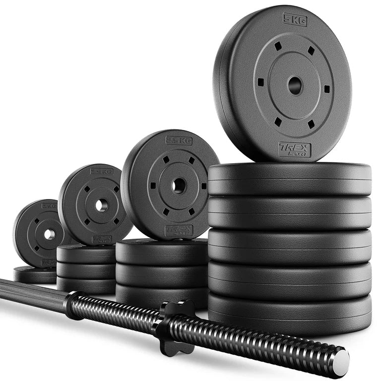 Barbell set with bituminous loads exercise neck 55kg Trex Sport
