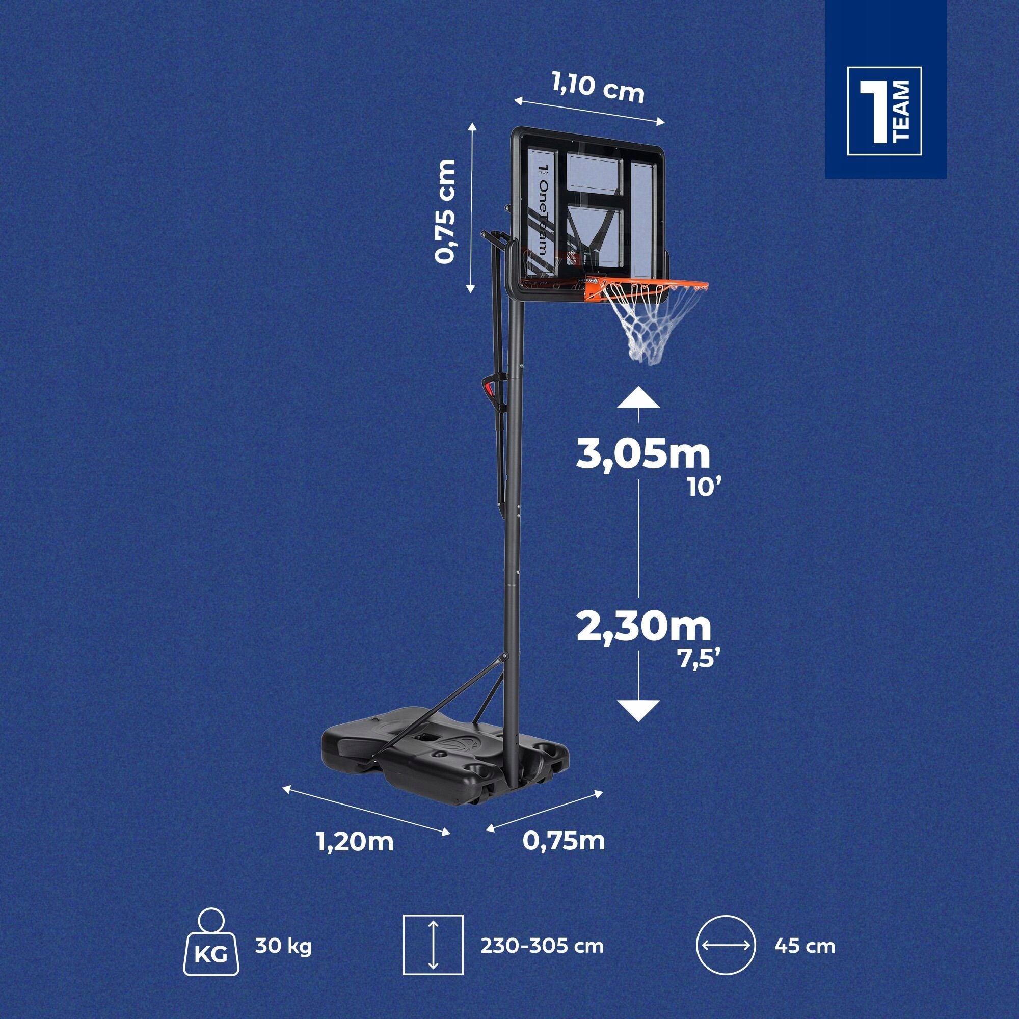 Basketball basket OneTeam BH02 Adjustable up to 305 cm Stable Mobile Wheels Packaging status original