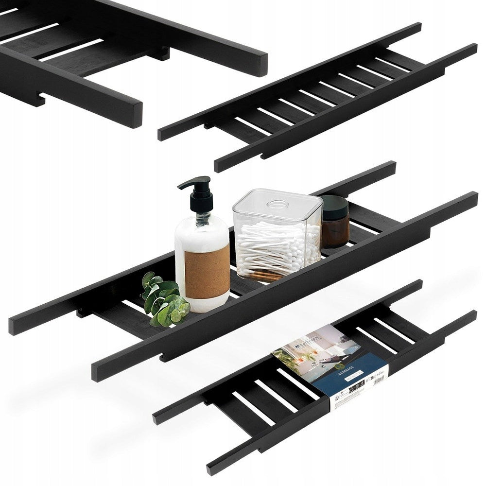 Bathroom Bathtub Shelf Bamboo Black for Cosmetics Accessories Drinks