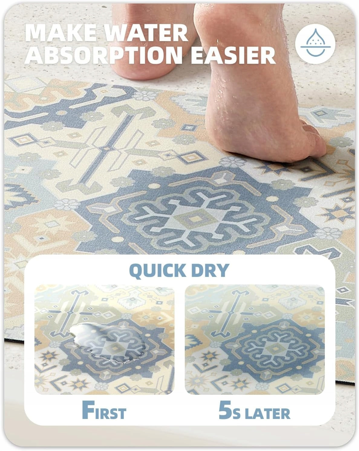 Bathroom Mat Non-Slip 110x60cm Boho Quick Drying Absorbent Rug Length 110 cm