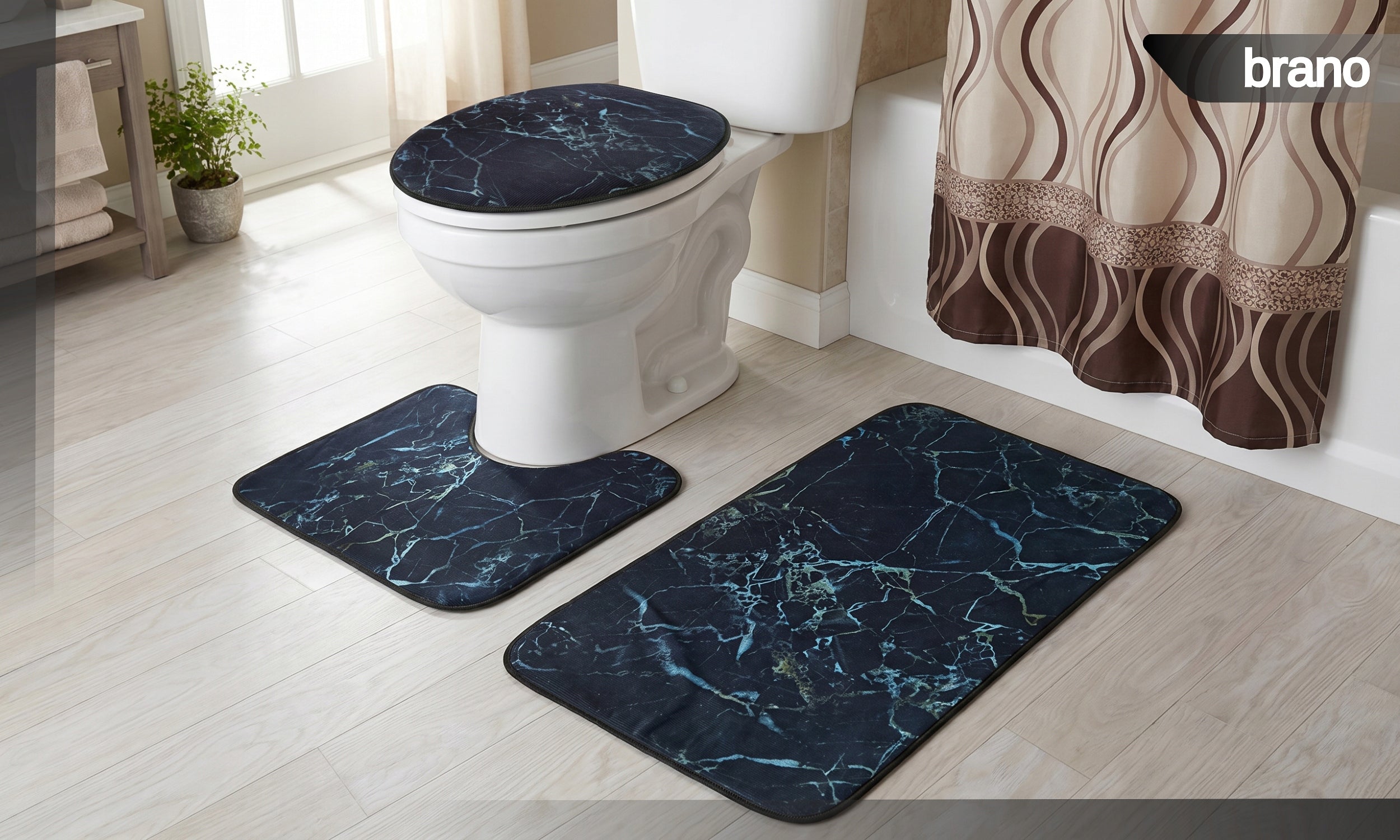 Bathroom Rug Mat SET 3in1 SET MARBLE SHOWER NON-SLIP Brand BRANO