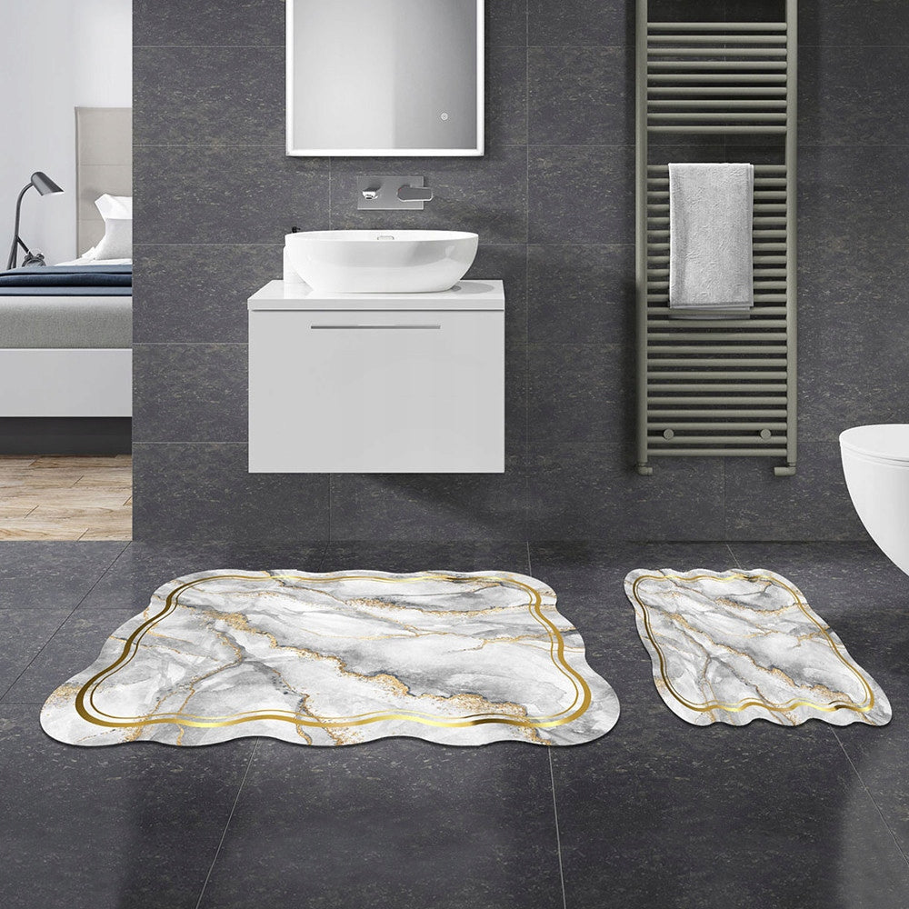 Bathroom Rug Set Marble Non-Slip Grey Gold Length 100 cm