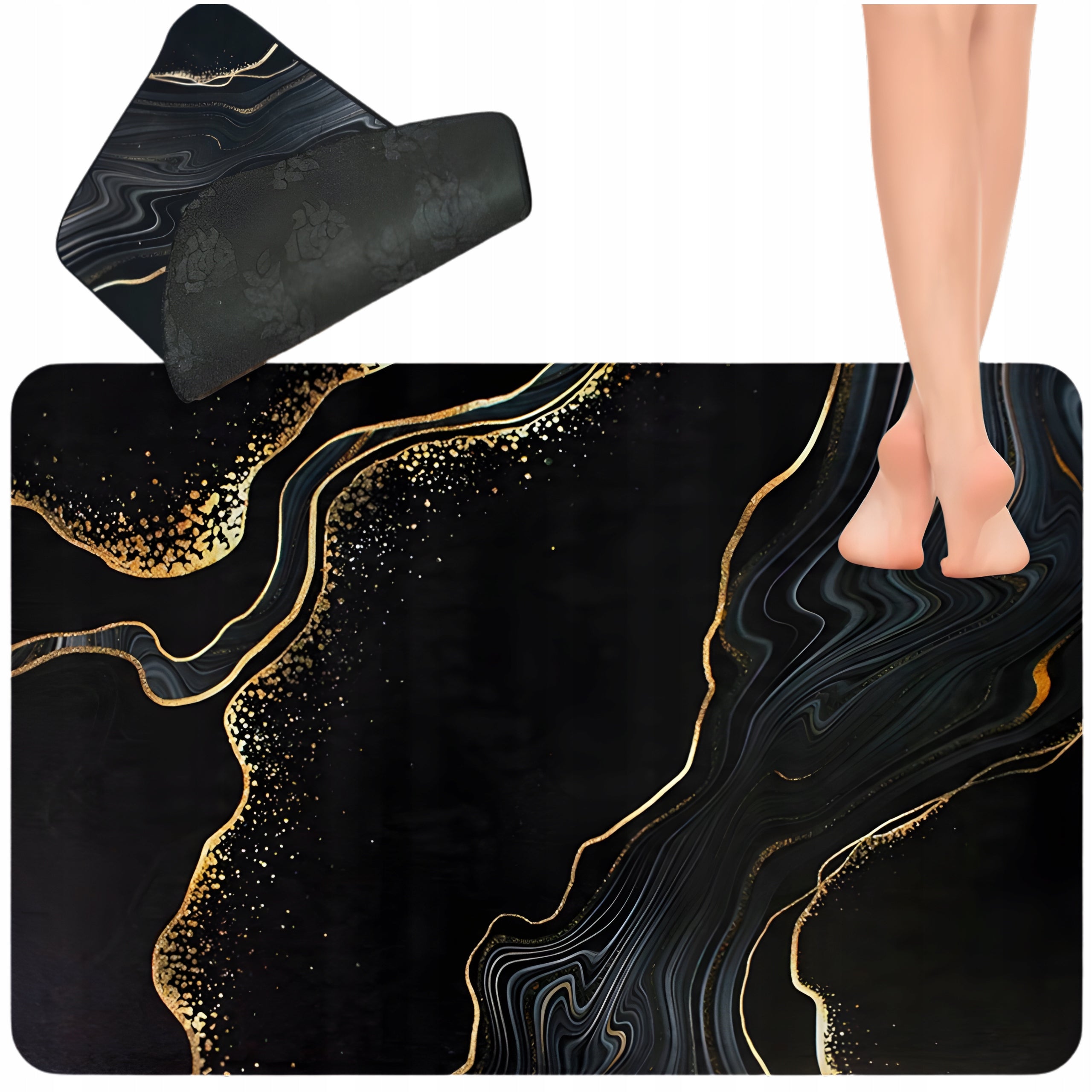 Bathroom Rug Xl 80X50 Black Marble Anti-Slip Quick Drying Mat