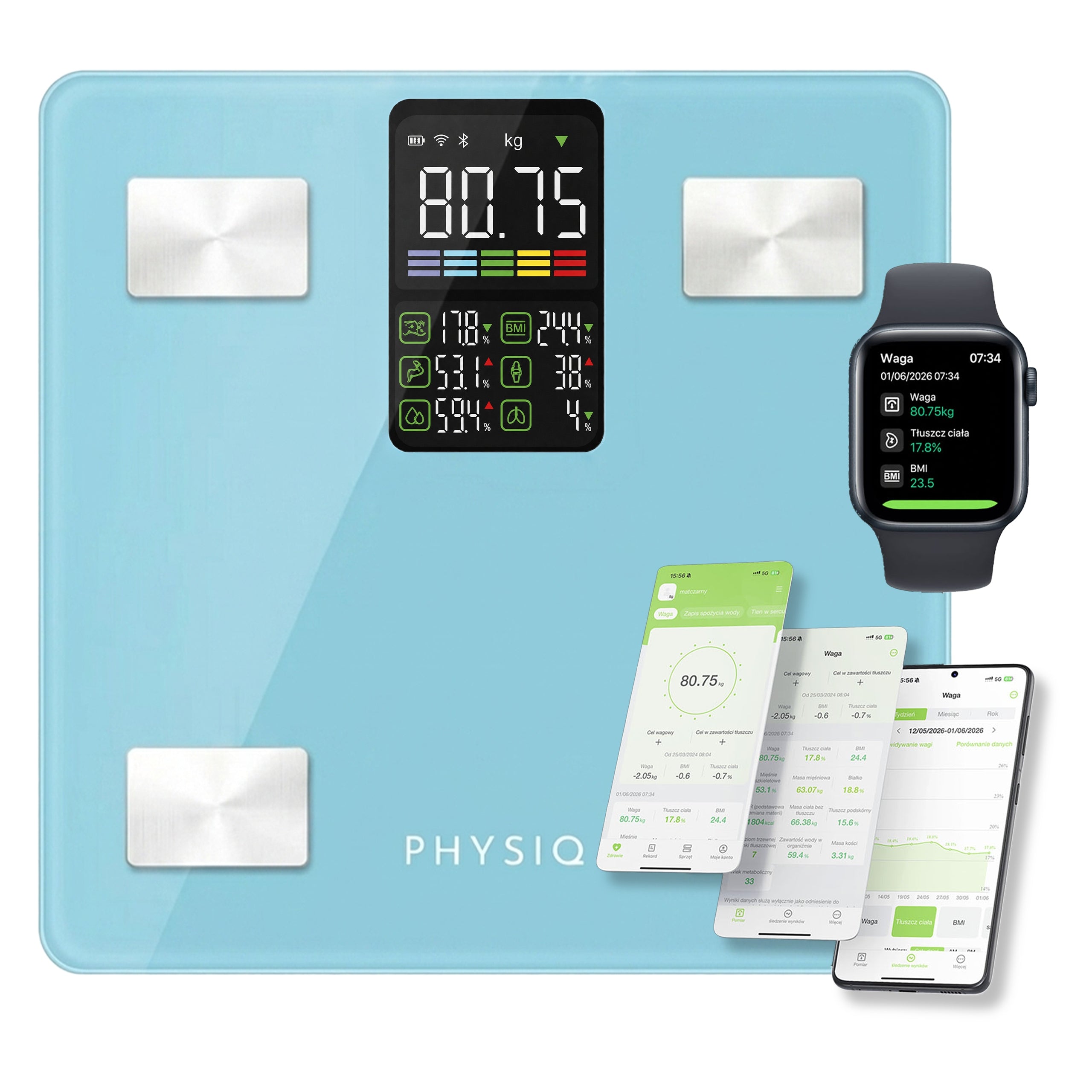 Bathroom Scale Analytical Sports 13 Parameters LCD ANDROID iOS Blue
