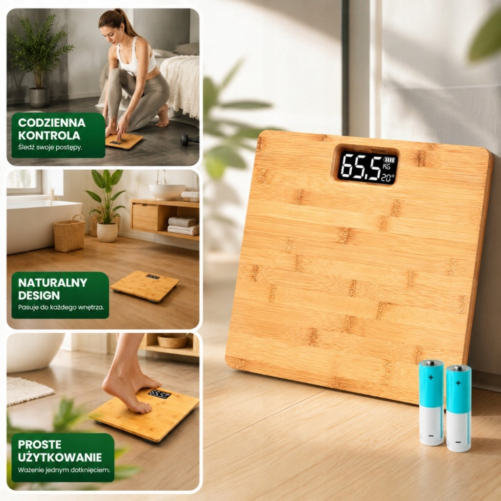 Bathroom Scale Bamboo Electronic Classic Non-Slip 180 KG Manufacturer code Garden_Maker_waga_łazienkowa_bambusowa