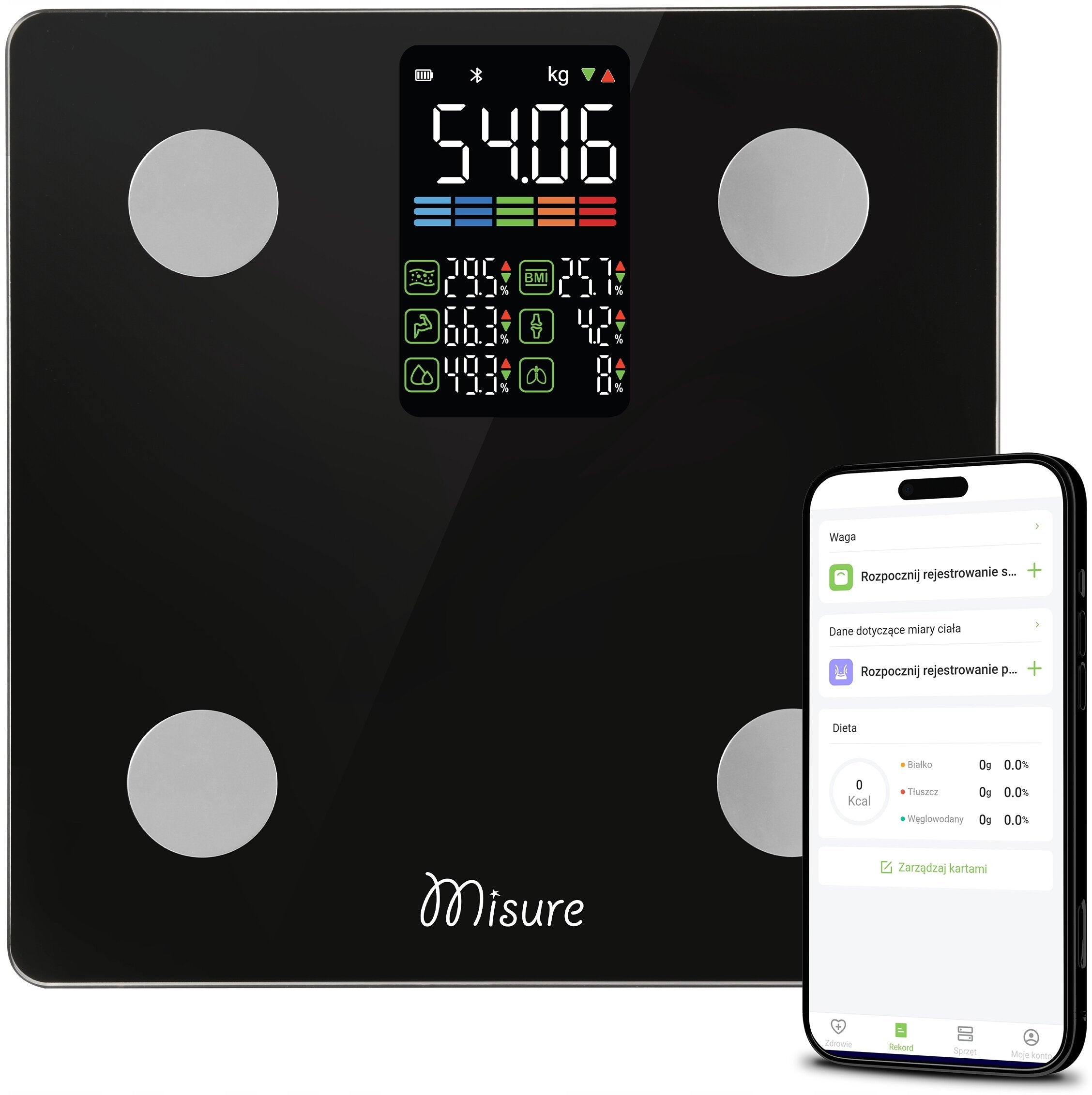 Bathroom Scale MISURE MI Fit Plus Black Additional features overload indicator smartphone connection measuring muscle mass User Detection low battery indicator non-slip base fat level measurement non-slip surface user recognition water level measurement BMI muscle mass bone tissue fat tissue caloric demand body water content automatic calibration auto power-on automatic shutdown Bluetooth tare weight