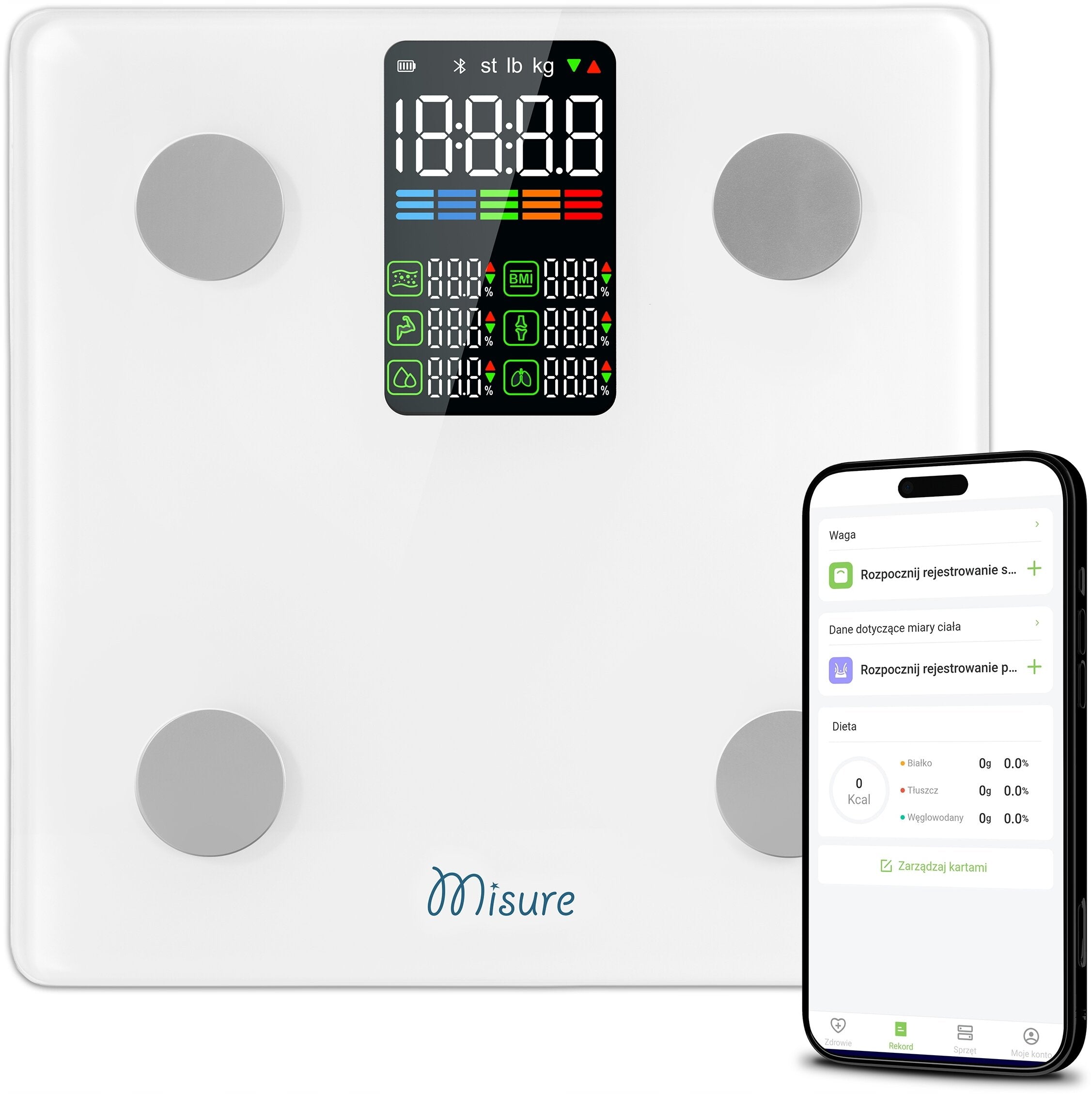 Bathroom Scale MISURE MI Fit Plus White Additional features overload indicator smartphone connection measuring muscle mass User Detection low battery indicator non-slip base fat level measurement non-slip surface user recognition water level measurement BMI muscle mass bone tissue fat tissue caloric demand body water content automatic calibration auto power-on automatic shutdown Bluetooth tare weight