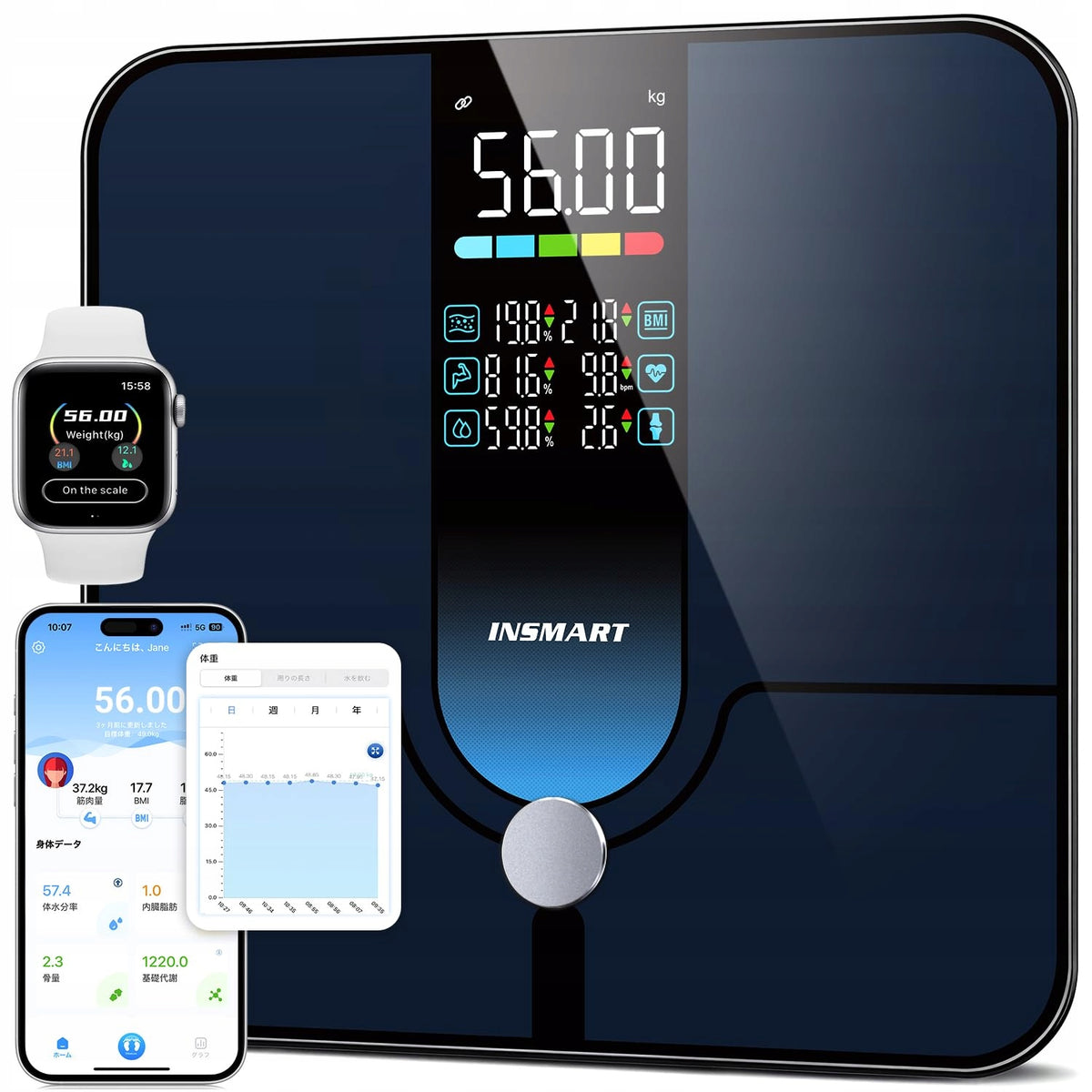 Bathroom Scale Smart Bluetooth BMI Body Analysis App 180kg Black