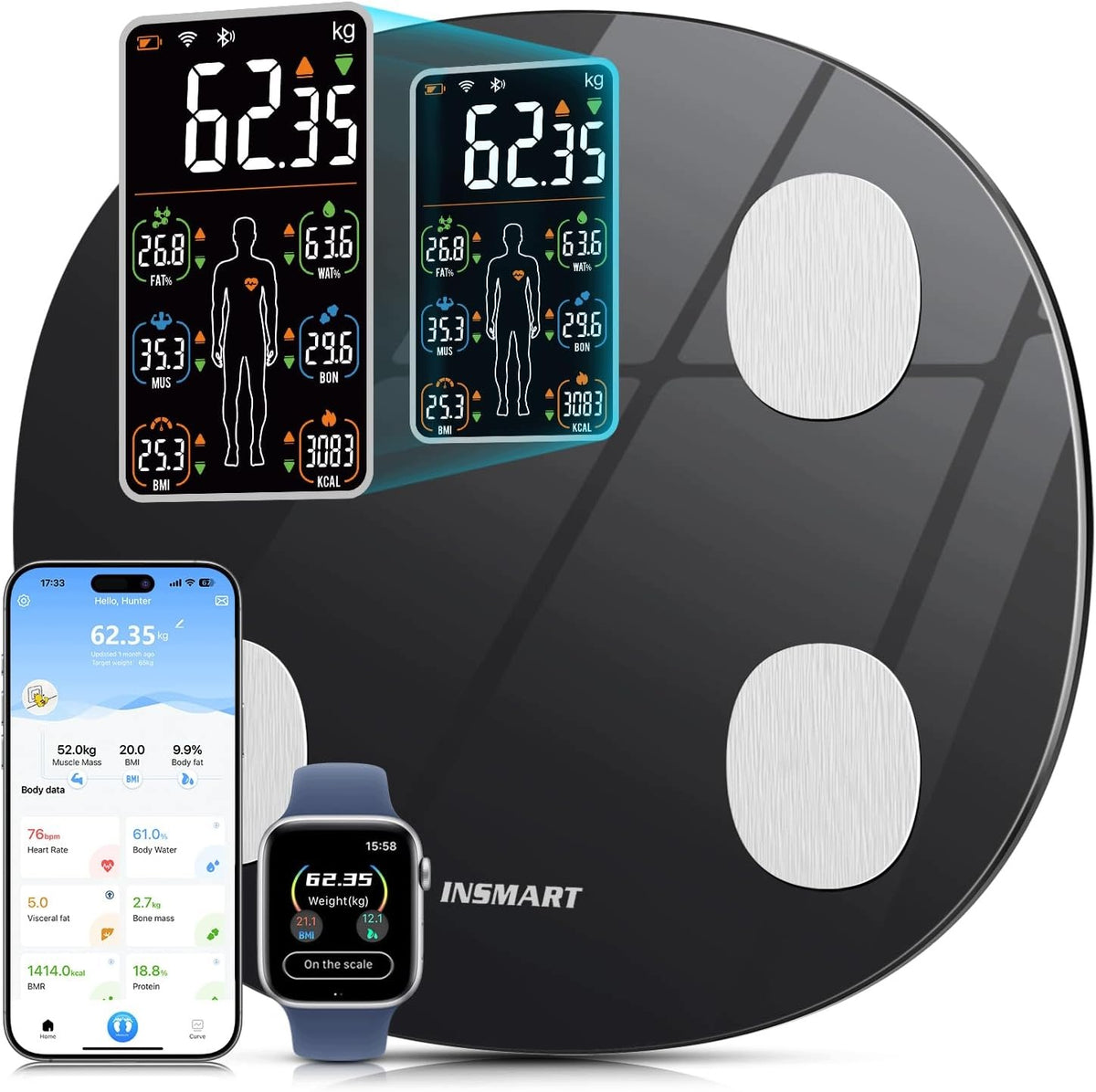 Bathroom Scale Smart Bluetooth Black Body Analysis BMI Application 180kg