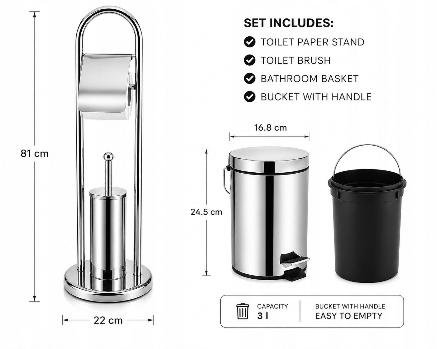 Bathroom Set 3in1 Silver – Toilet Paper Stand + Brush + Waste Bin Packaging status original