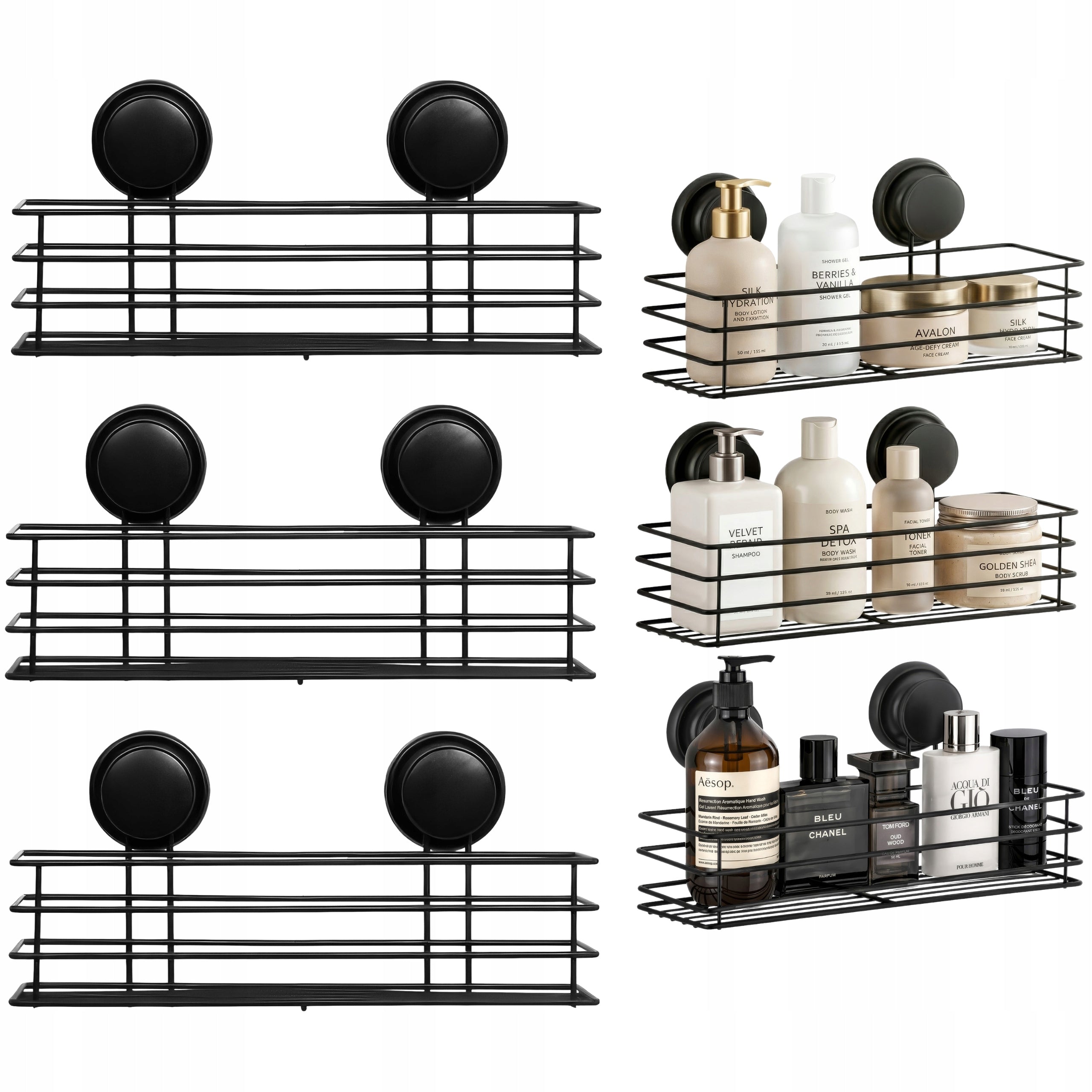 Bathroom Set Black 3 x Bathroom Shelf for SUPER STRONG LOFT Suction Cups