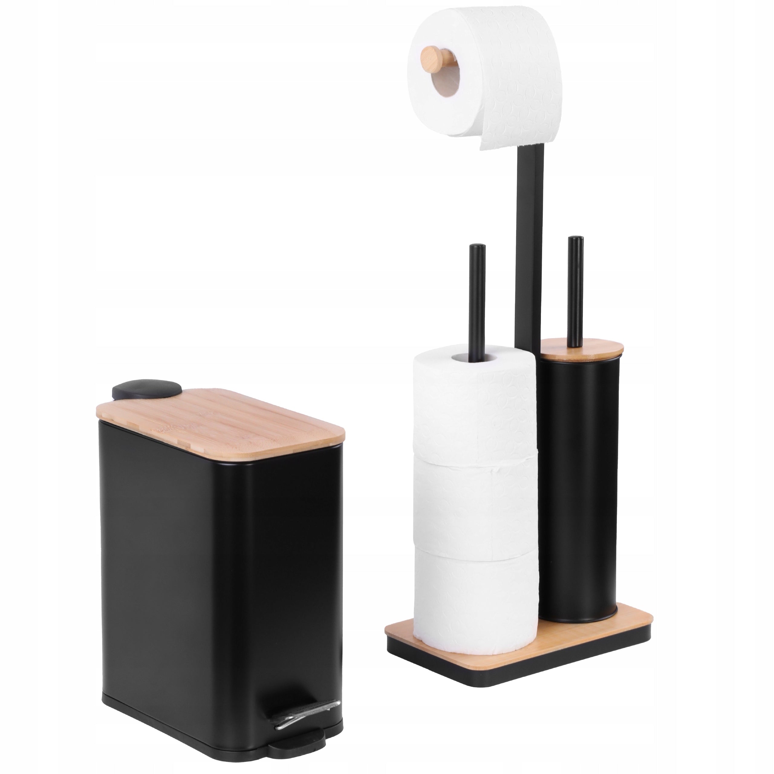 Bathroom Toilet Paper Rack and Trash Can Set Black Bamboo
