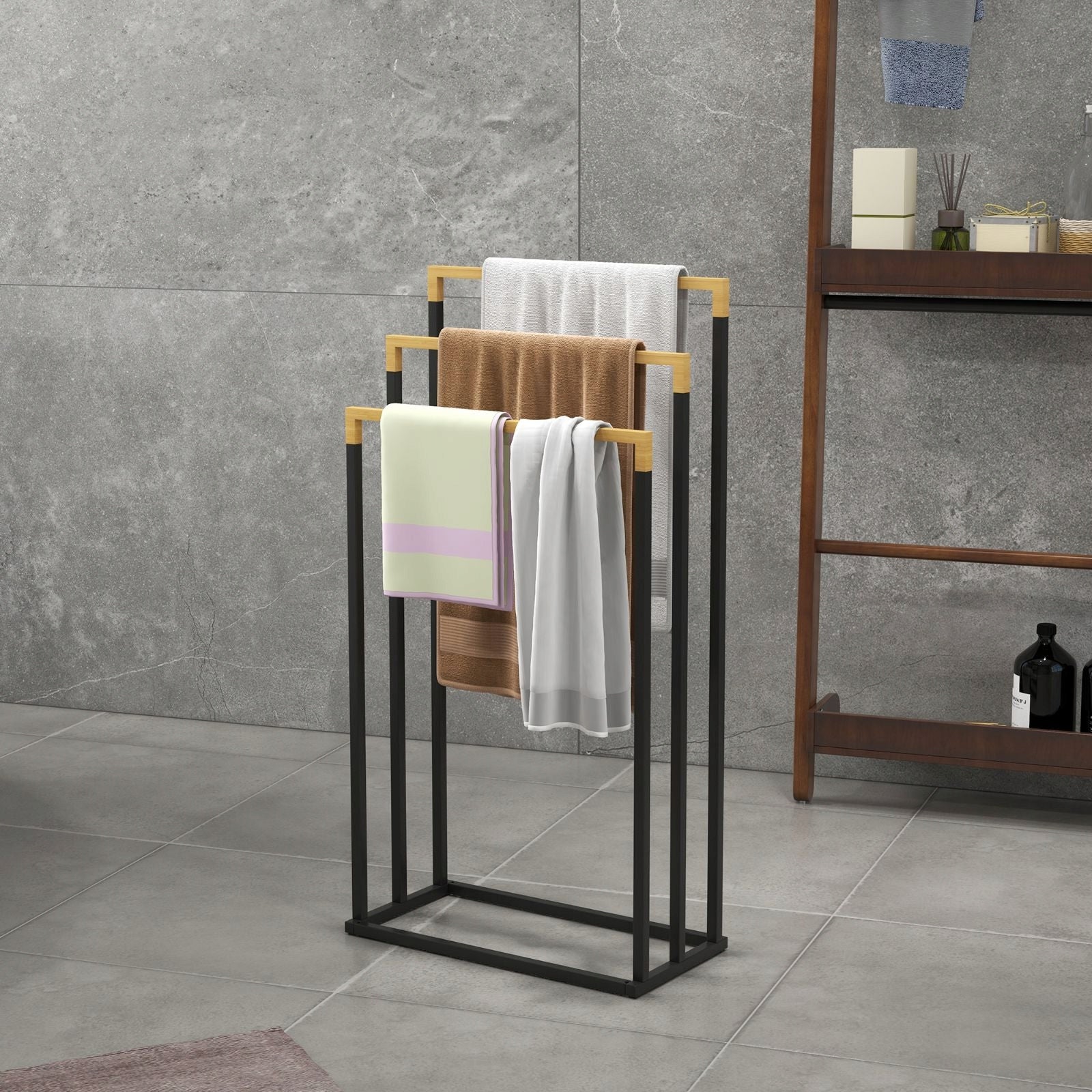 Bathroom Towel Rack 3-Shoulder Black Steel Bamboo House Shower