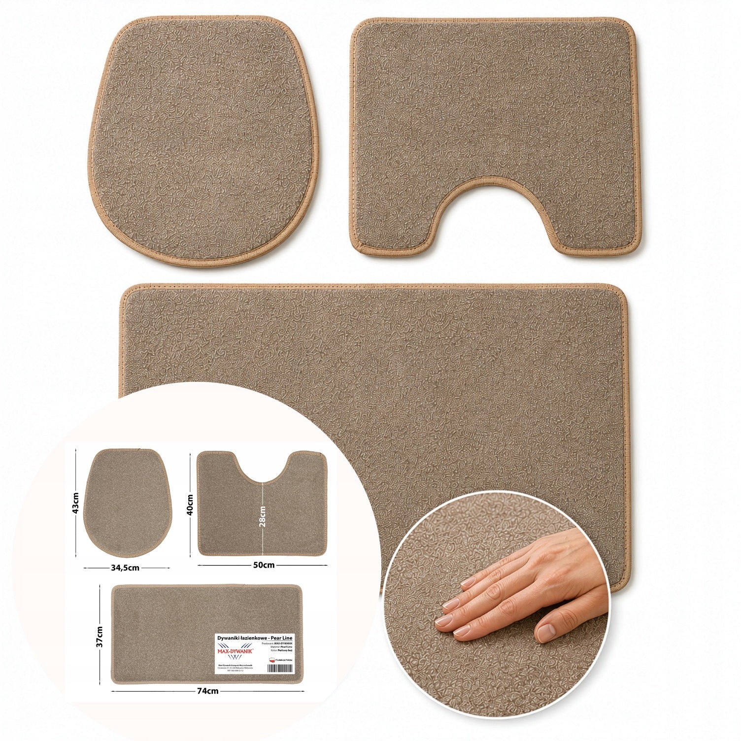 Bathroom rugs velour beige 3 elements Max-Dywanik WC set
