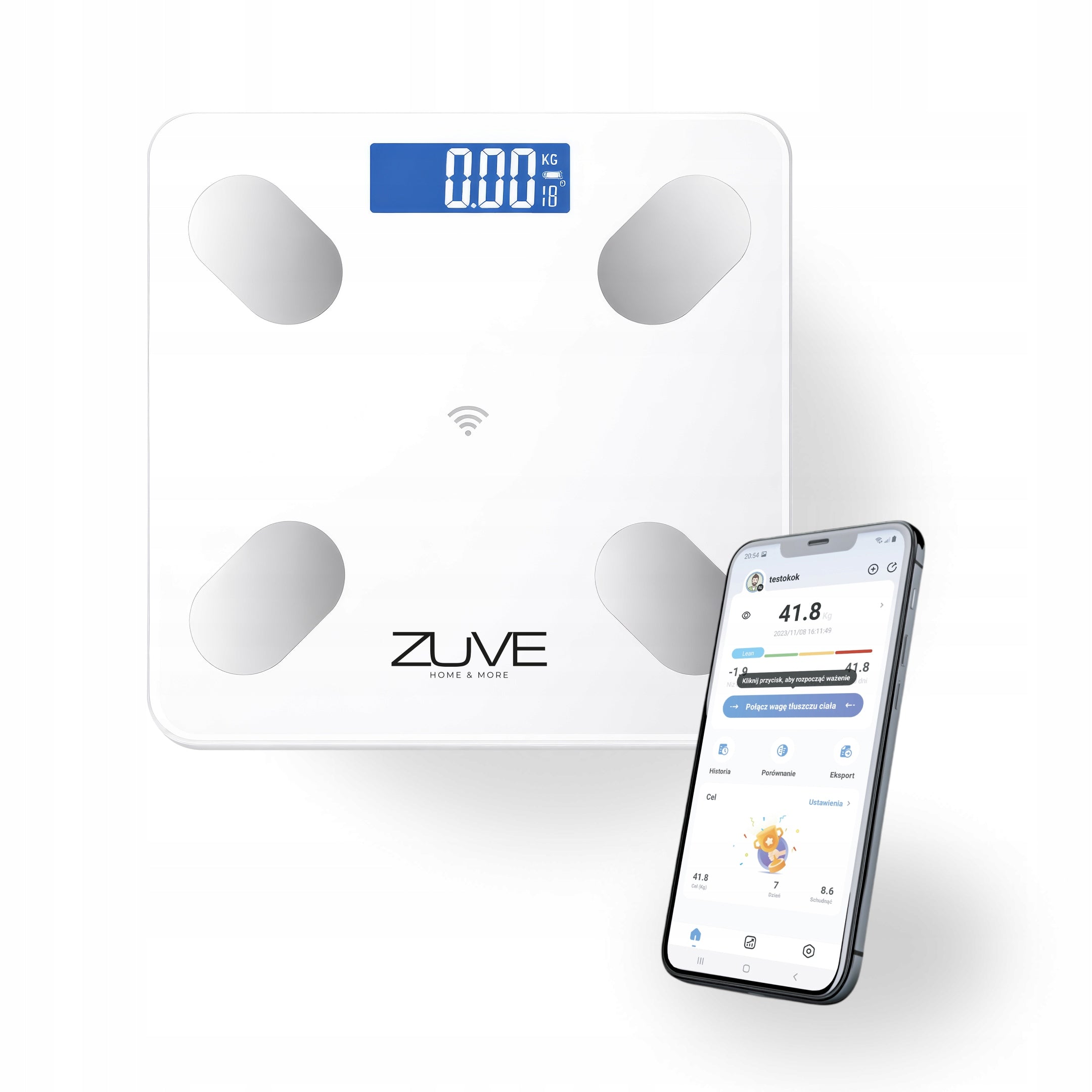 Bathroom scale SMART Analytical ZUVE Poland APPLICATION PL size 30cm BMI Packaging status original