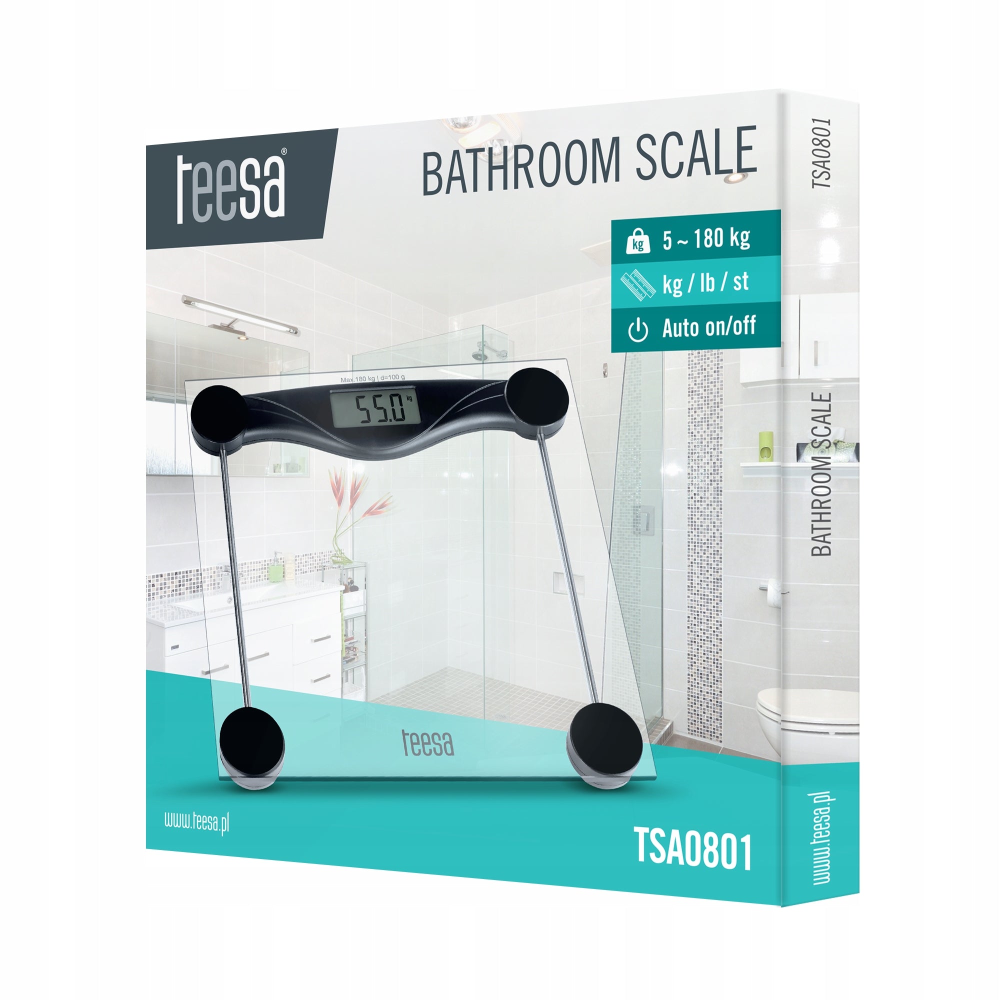Bathroom scale Teesa LCD glass accuracy up to 0,1 kg max 180 kg Manufacturer code TSA0801