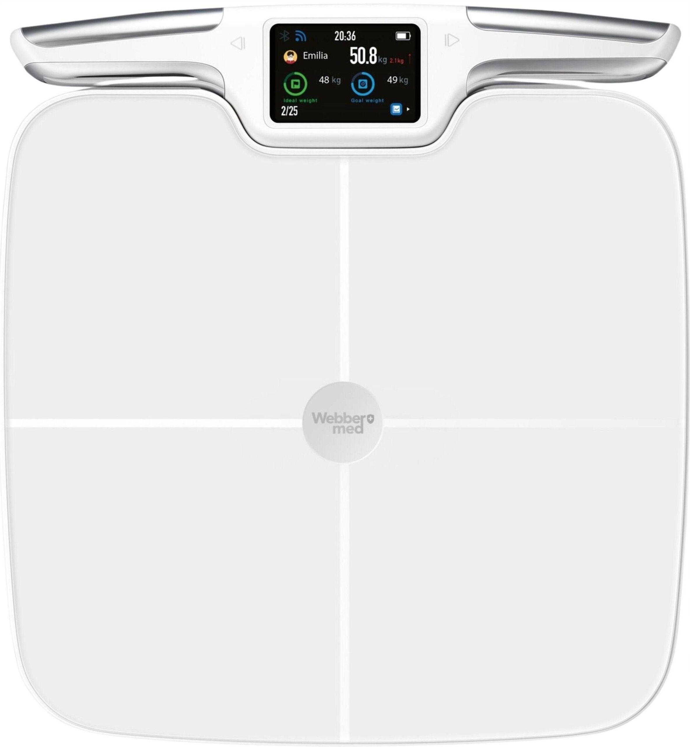 Bathroom scale WEBBER Liora PS577 Additional features automatic calibration auto power-on automatic shutdown Bluetooth tare weight Wi-Fi measurement memory clock non-slip base non-slip surface smartphone connection measuring muscle mass fat level measurement water level measurement user recognition low battery indicator BMI muscle mass bone tissue fat tissue caloric demand body water content User Detection
