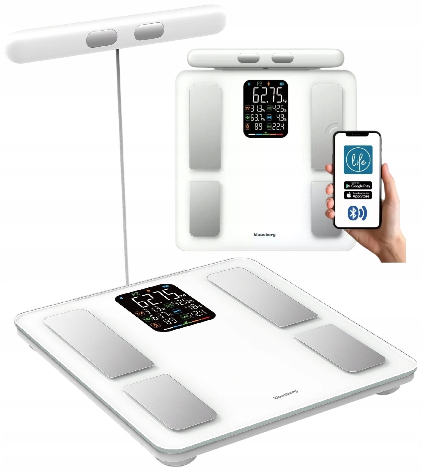 Bathroom scale with handle, electronic, precise body composition, White