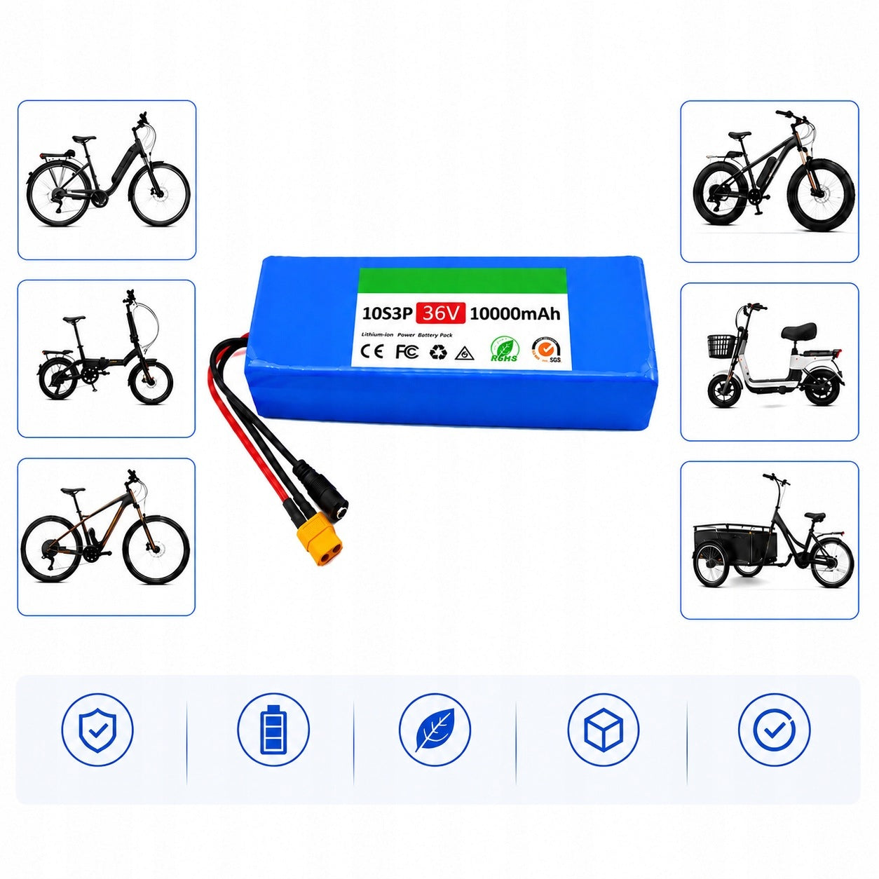Battery 10S3P 36V 10Ah e-bike compatible 36V XT60 motors with BMS Manufacturer code 36V-10s3p-XT60-DC-1