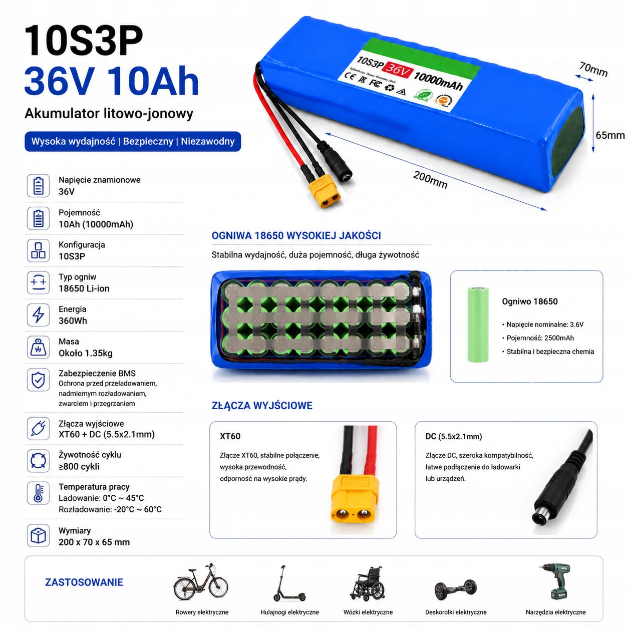 Battery 36V10Ah 360W Electric Bike 10S3P XT60 BMS Bafang Weight 2.5 kg