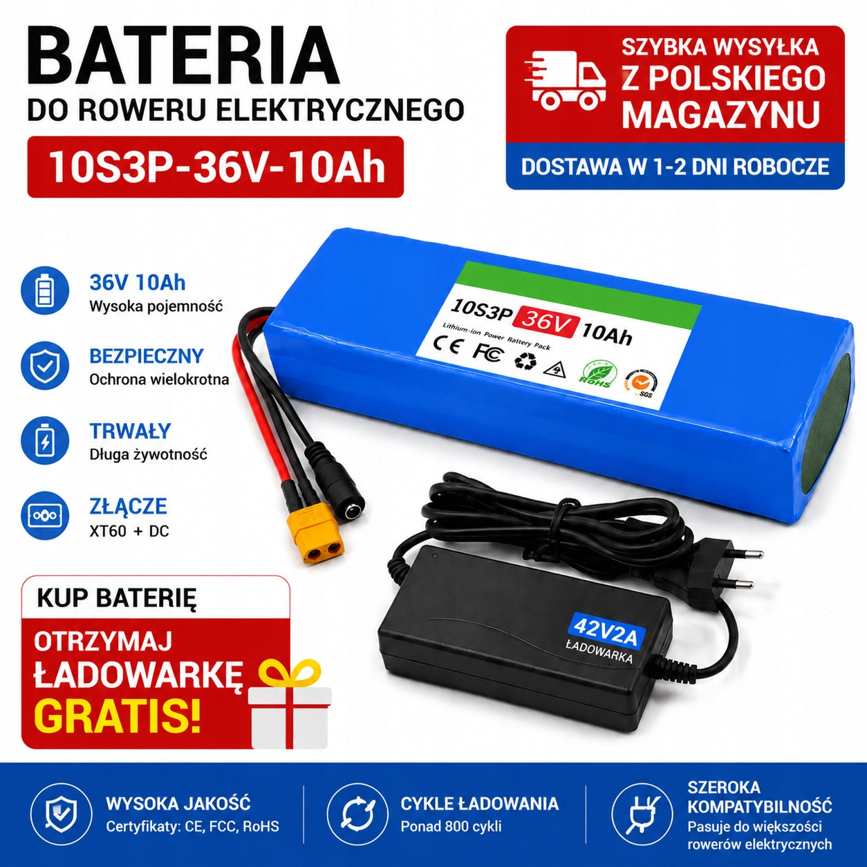 Battery 36V10Ah 360W Electric Bike 10S3P XT60 BMS Bafang