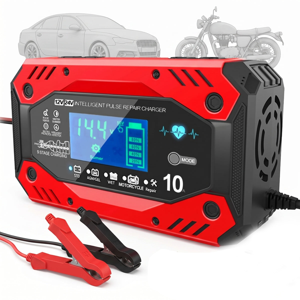 Battery Charger Rectifier with Repair Function 12-24V 10A LCD Strong
